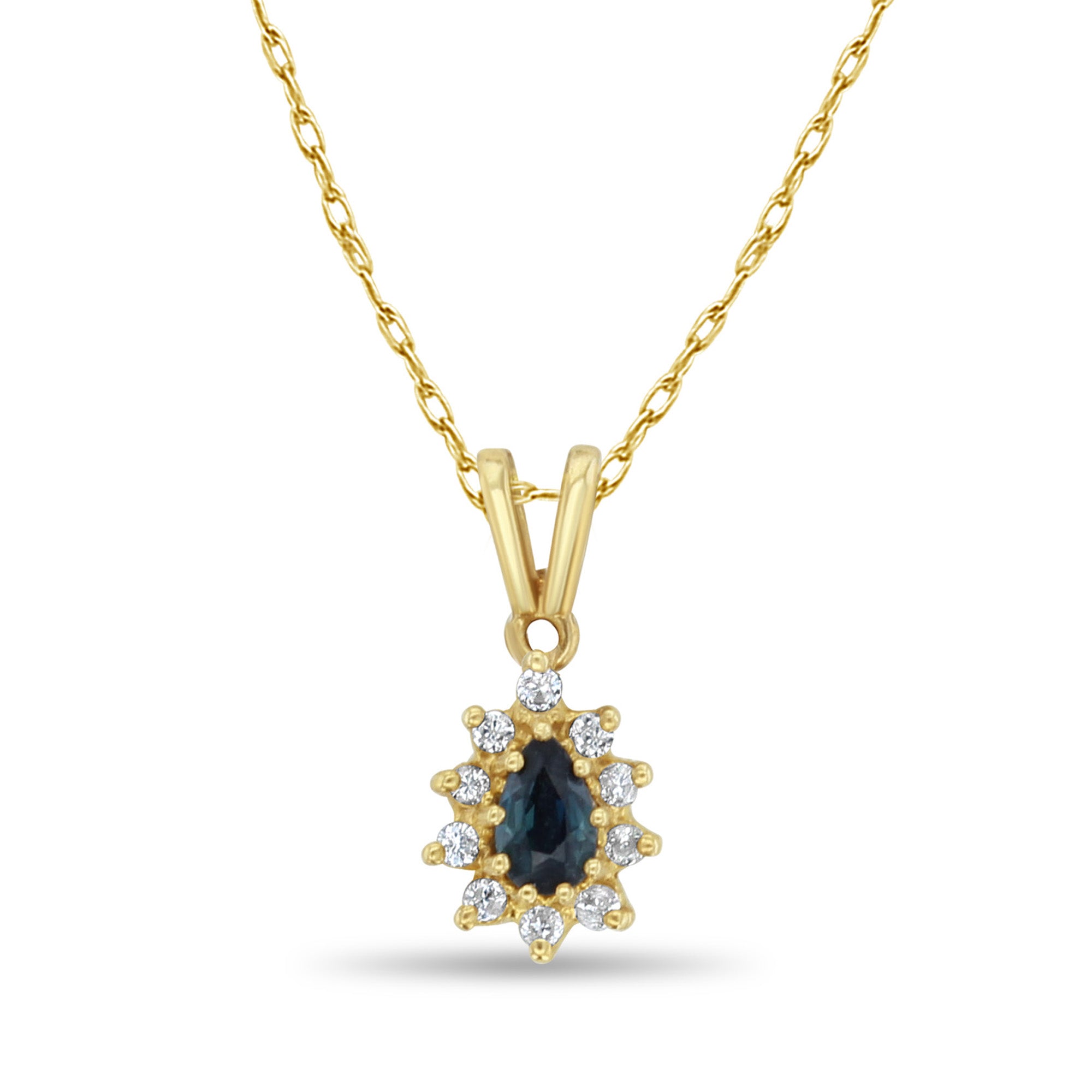 14K Yellow Gold Pear Shaped Necklace with Sapphire & Diamond Halo - Elegant Jewelry for Weddings, Anniversaries & Special Occasions