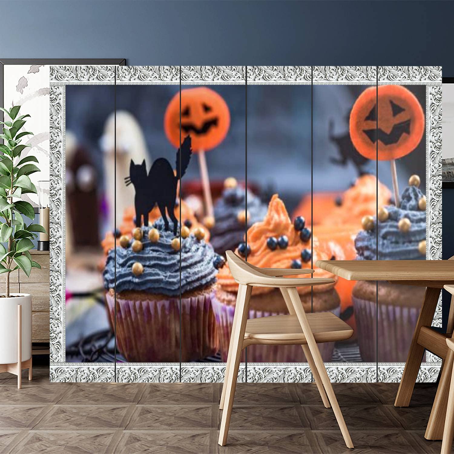 6-Panel Canvas Room Divider Screen Privacy Partition - Black & Orange Halloween Cupcake Design for Home, Office, Bathroom & Pool Areas | Portable Window Style Room Separator for Parties & Events