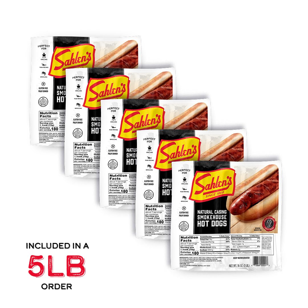 Sahlen's Natural Casing Pork & Beef Hot Dogs - Fully Cooked, Gluten Free, 5lb Pack | Premium Smokehouse Flavor for Grilling, BBQ, Camping & Family Gatherings | Perfect for Hot Dog Buns, Chili Dogs & Game Day Snacks