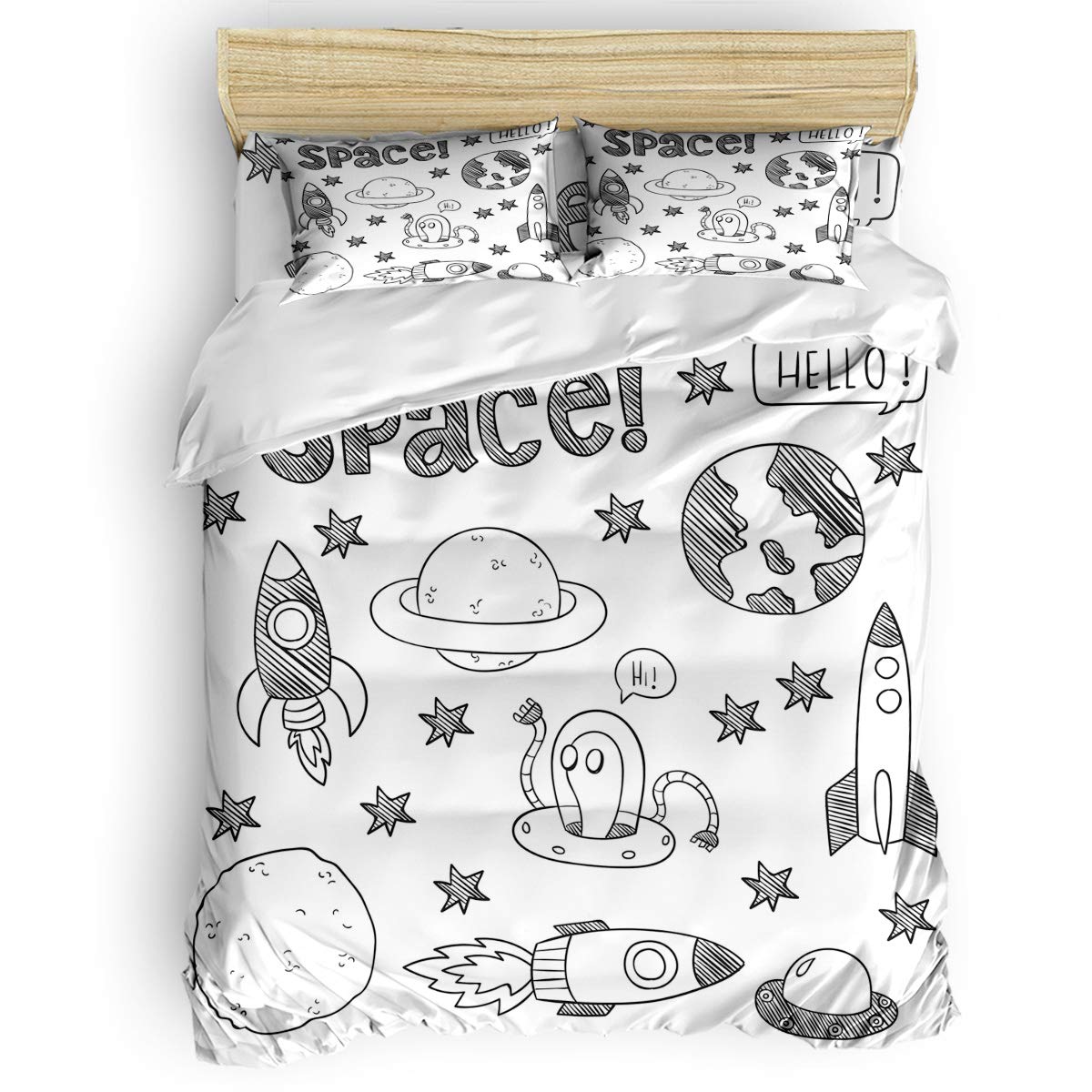 Space Theme Black and White Duvet Cover Set Full 4Pcs - Cartoon Planets, Spaceship & Stars Design | Includes Comforter Cover & Pillowcases | Soft Bedding for Kids Room, Teen Bedroom & Hotel Decor