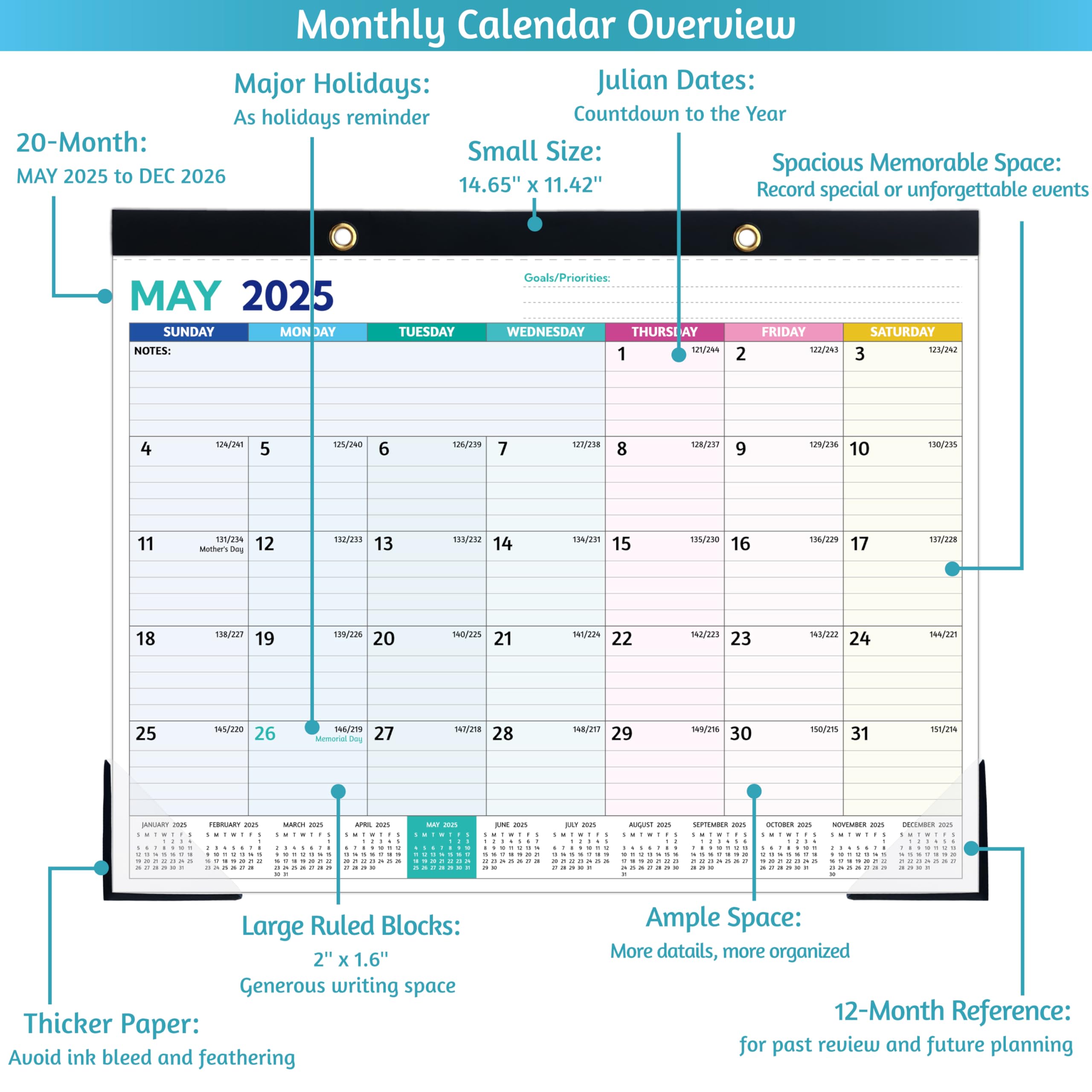 2025-2026 Large Desk Calendar Planner (May 2025-Dec 2026) - 20 Month Academic Calendar 14.6
