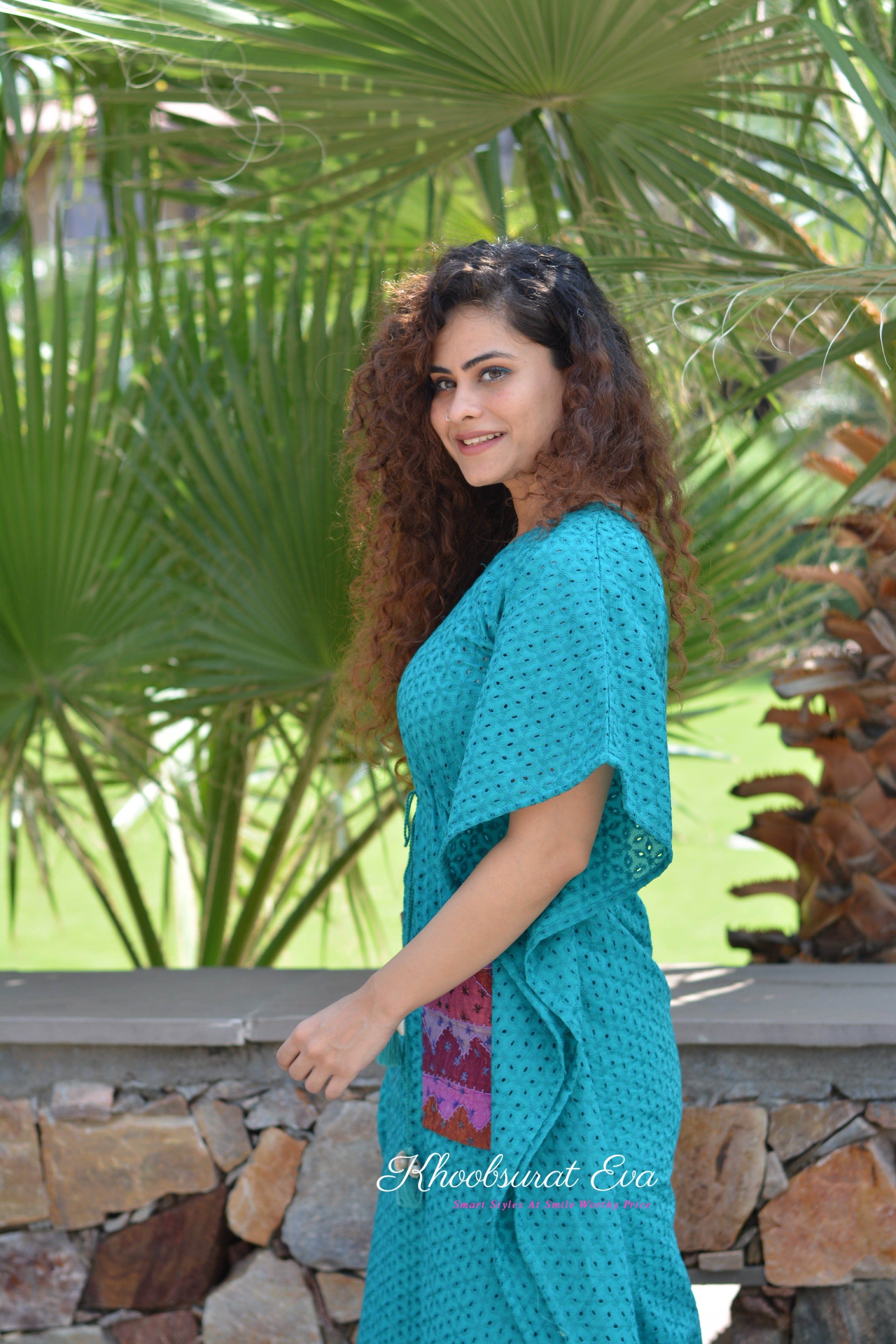 Exquisite Turquoise Chikankari Kaftan Dress for Women - Elegant Embroidered Long Maxi Dress - Perfect for Summer Beach, Boho Festival & Vacation Wear