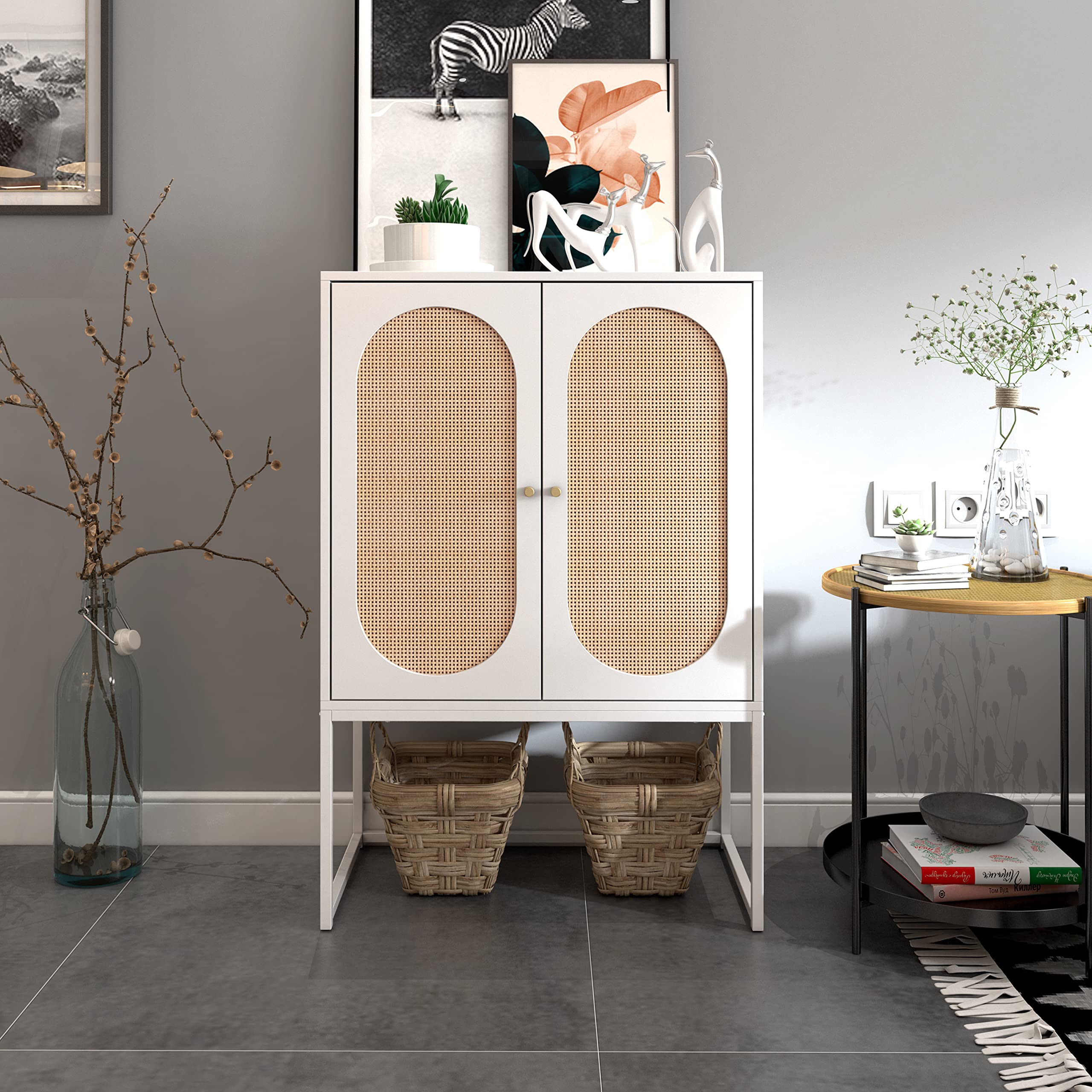 Hcman Boho Accent Storage Cabinet with 2 Rattan Doors - High Kitchen Buffet Cabinet with Adjustable Shelves - Sideboard for Living Room, Kitchen, Bedroom - Perfect for Home Organization & Farmhouse Decor