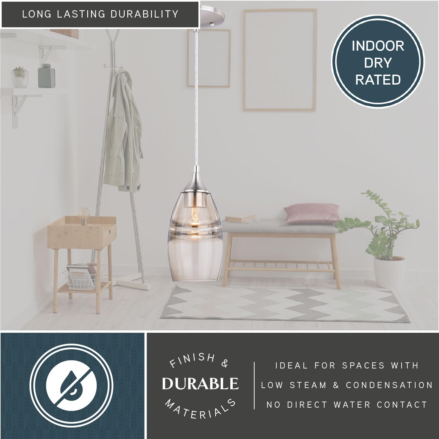 VAXCEL Milano Satin Nickel Mini Pendant Ceiling Light with Amber Fog Glass Shade - Modern Dining Room, Kitchen Island & Bedroom Lighting Fixture