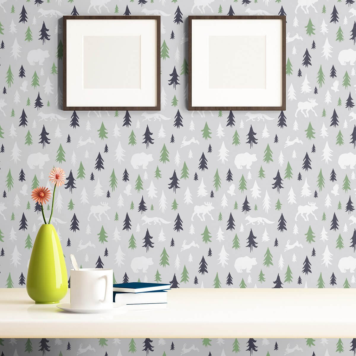 Green and Grey Forest Baby Peel and Stick Removable Wallpaper 3402 - Self-Adhesive Nursery Wall Decor for Boys and Girls - Perfect for Kids' Rooms, Playrooms, and Nursery Walls