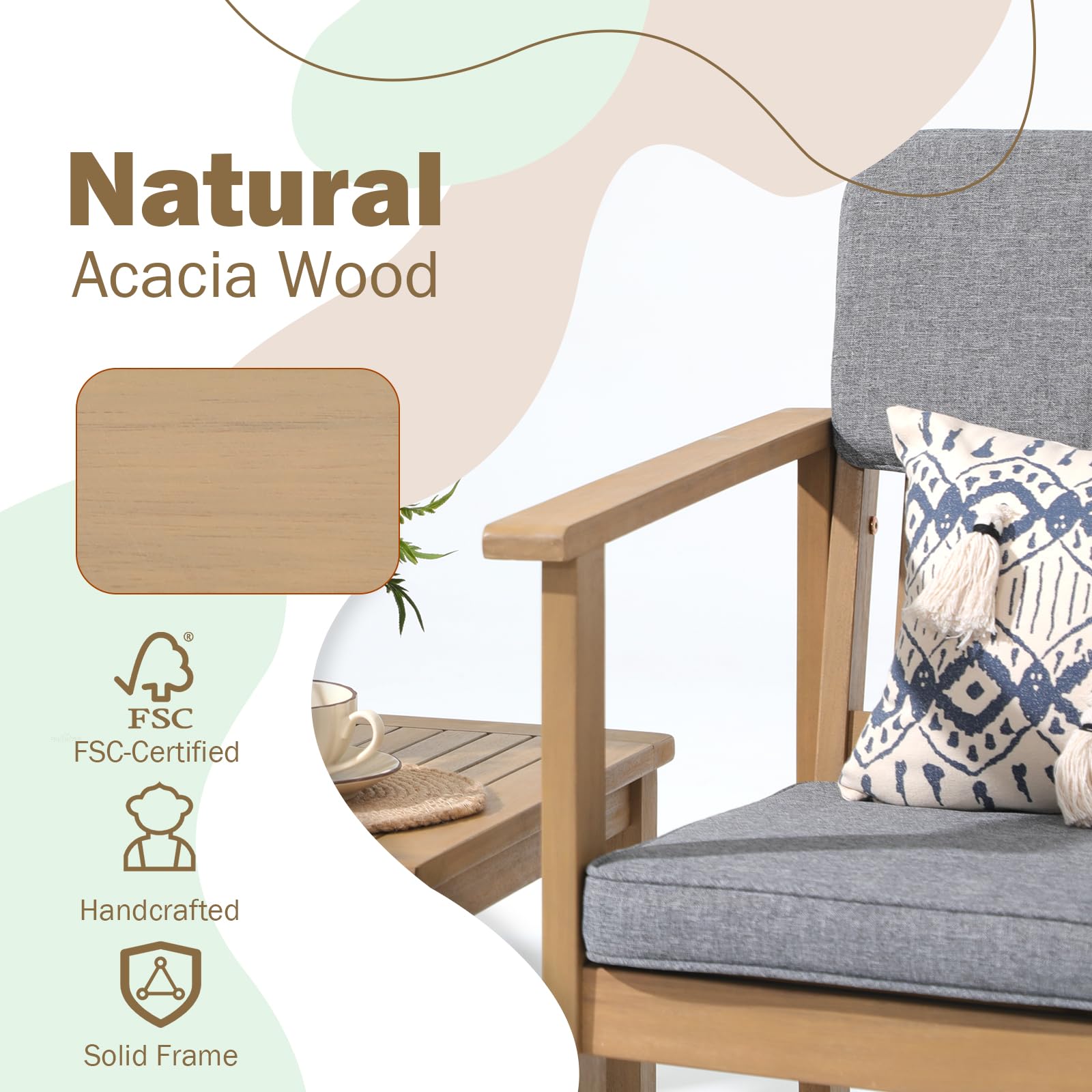 Premium 3-Piece Acacia Wood Outdoor Patio Furniture Set - FSC Certified Bistro Table & Chairs with Gray Cushions for Balcony, Porch, Backyard | Perfect for Garden Dining, Outdoor Entertaining & Relaxation