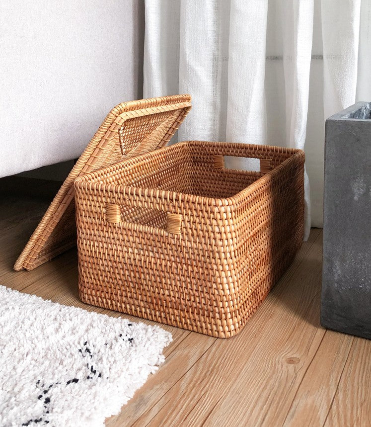 Extra Large Woven Storage Baskets with Lids - Rattan Rectangular Organizer Bins for Shelves, Closet, Living Room | Perfect for Clothes, Blankets & Home Decor Organization