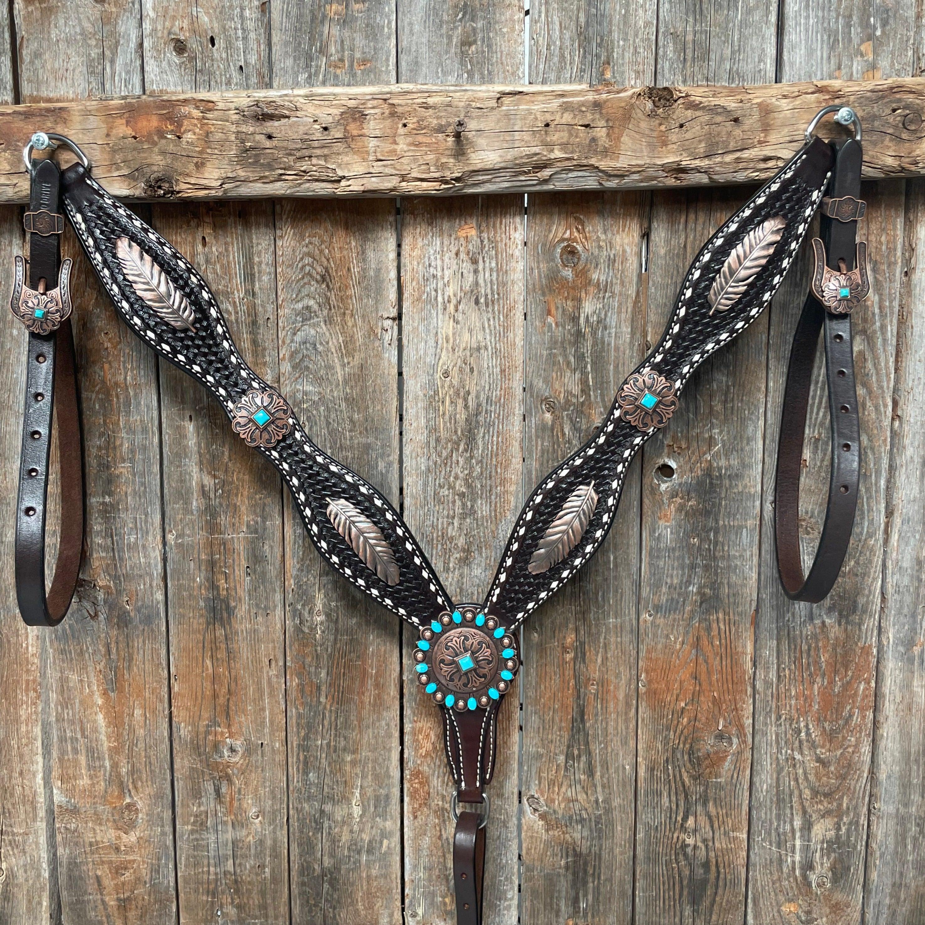 Handcrafted Dark Oil Buckstitch Copper & Turquoise Horse Browband with One Ear & Breastcollar Set | Western Show Tack | Perfect for Rodeo, Trail Riding & Equestrian Events (BBBC400NW)