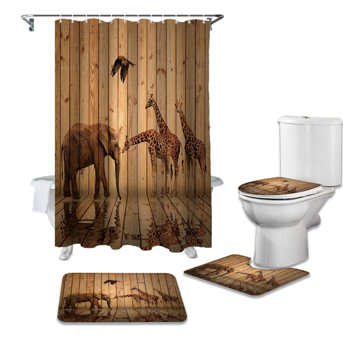 4 Pcs Waterproof African Animal Shower Curtain Set with Non-Slip Bath Mat & Toilet Lid Cover - Elephant & Giraffe Print on Wooden Fabric, 66x72 Inch - Perfect for Jungle Themed Bathrooms & Kids' Bathroom Decor