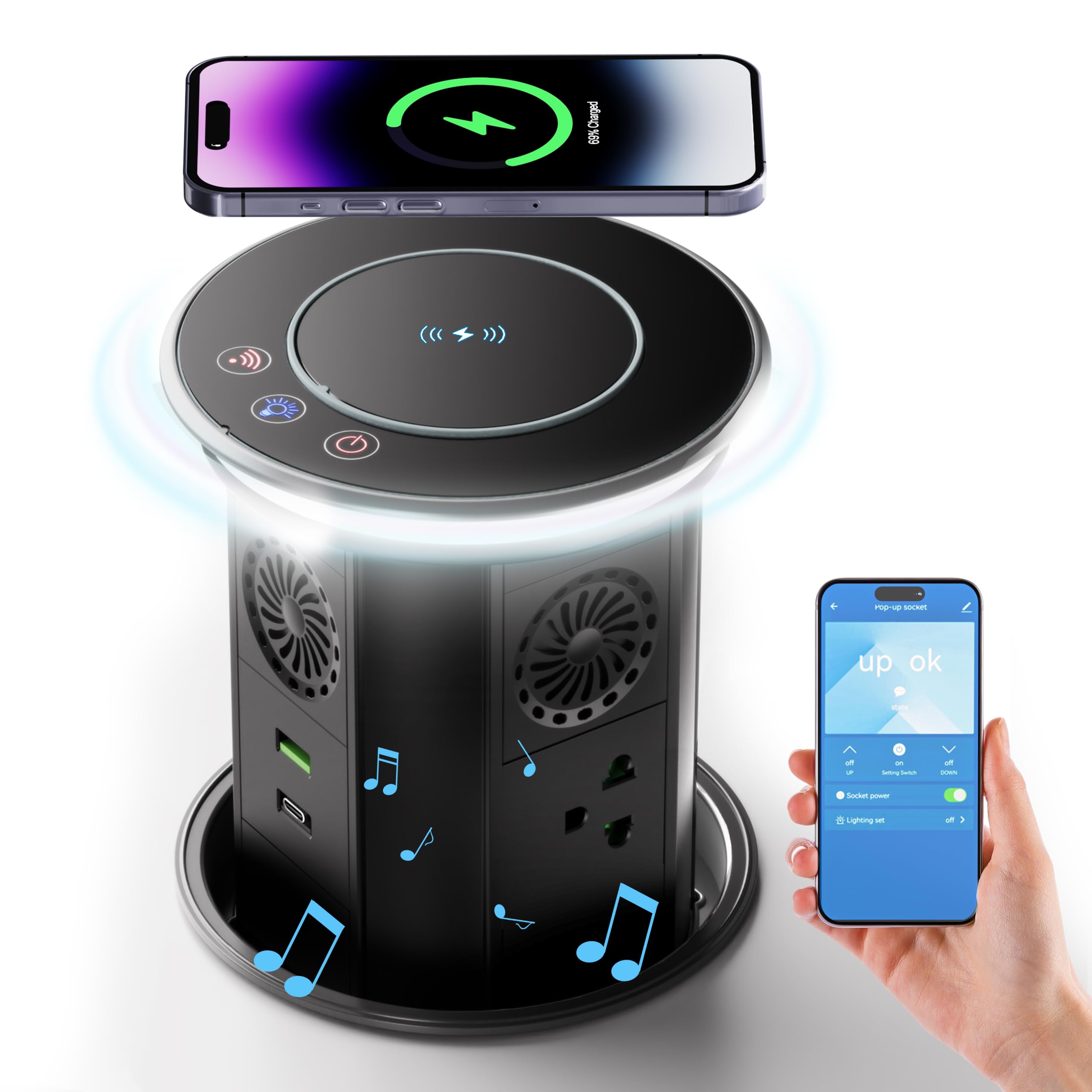 Smart Pop-Up Outlet for Countertop with 15W Wireless Charger & 20W Power Delivery - 3 AC Outlets, 2 USB Ports & Bluetooth Speaker - APP Remote Control for Home & Office Workspace