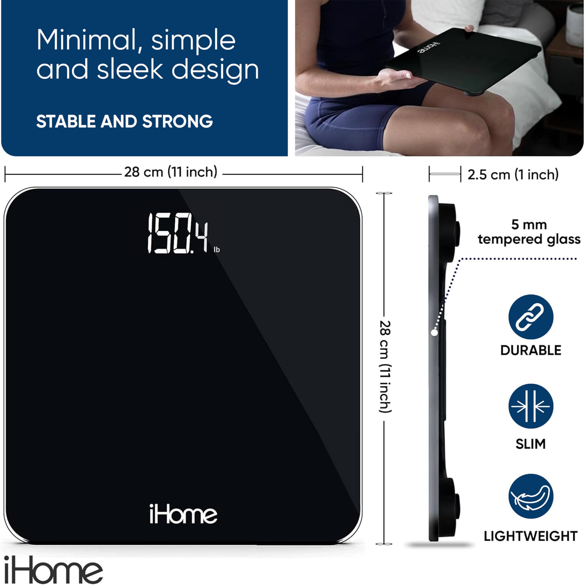 iHome Digital Bathroom Scale with Batteries Included - Accurate Body Weight Measurement in Pounds & Kilograms - Black - Perfect for Home, Gym & Health Tracking
