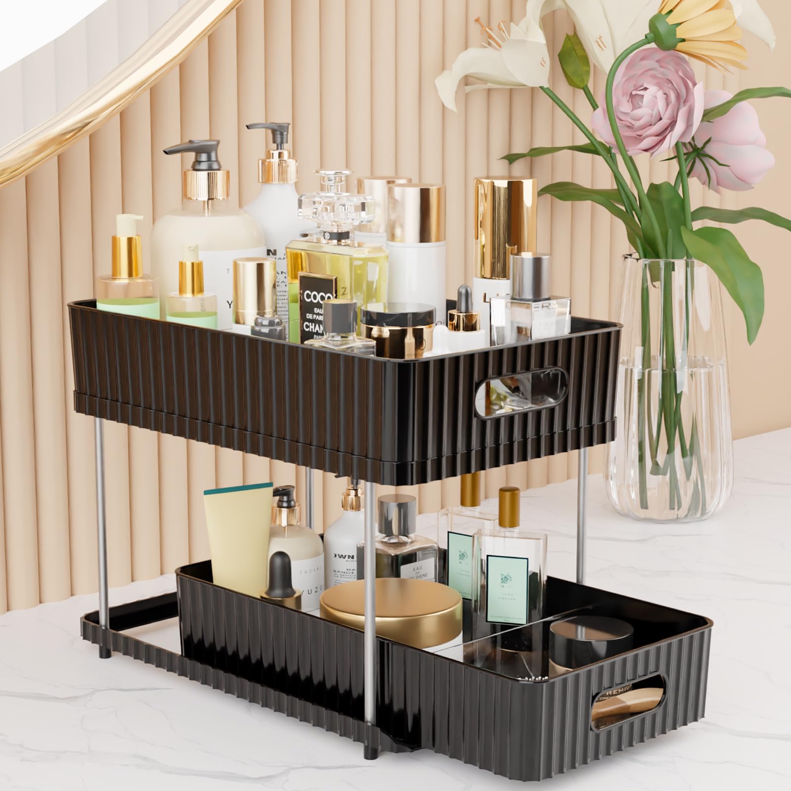 2 Tier Makeup Organizer for Vanity - Large Capacity Cosmetic Display Case with Partition Board, Countertop Makeup Holder & Beauty Organizer (Black) - Perfect for Bedroom, Bathroom & Dressing Table Organization