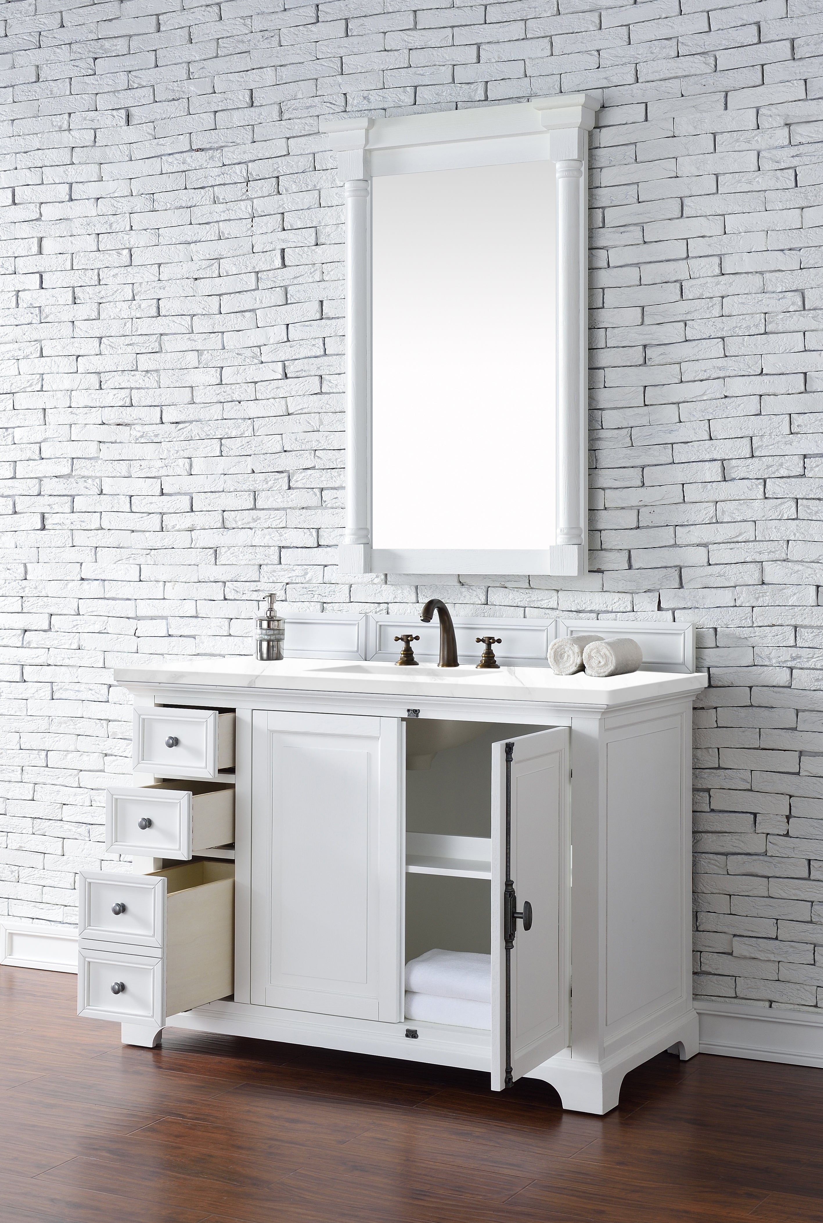 Providence 48 Inch Single Vanity Cabinet with 3CM Classic White Quartz Top - Bright White Bathroom Sink Storage for Modern & Farmhouse Style Homes
