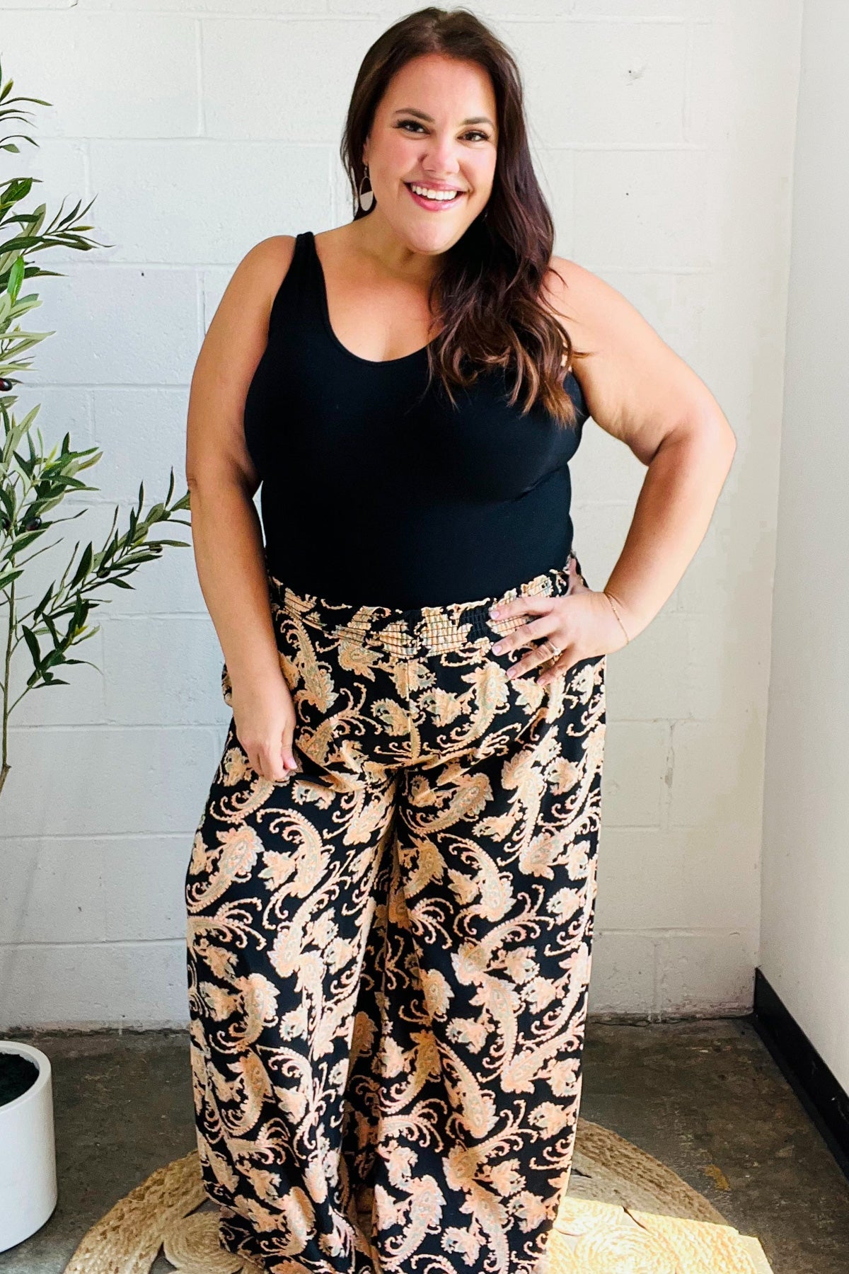 Black Paisley Print Smocked Waist Palazzo Pants for Women - Fall Fashion Wide Leg Trousers with Elastic Waistband | Perfect for Autumn Outfits, Office Wear & Casual Chic Looks