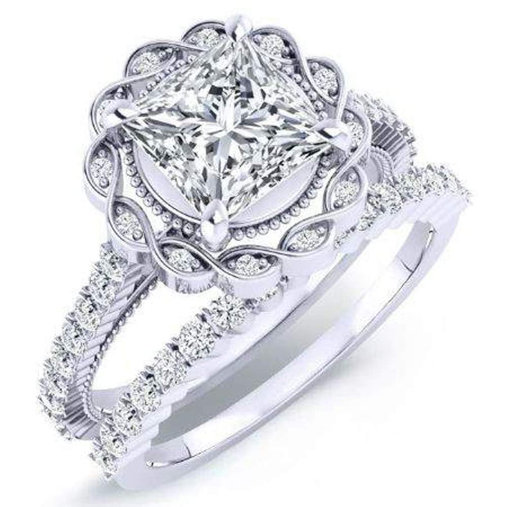 14K White Gold Moissanite Diamond Halo Ring Set - 2CT Princess Cut D Color VVS1 Bridal Wedding Anniversary Ring Set for Women | Perfect for Engagement, Proposal, Valentine's Day & Special Occasions