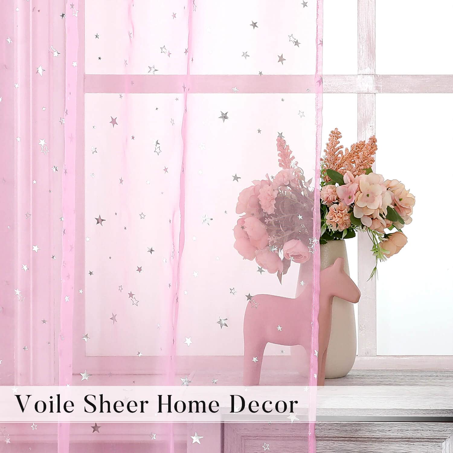 Pink Semi Sheer Curtains for Girls Room - 63 Inch Long Voile Window Drapes with Silver Star Moon Pattern, 2 Pack Nursery Bedroom Decor for Kids Baby Bed Canopy | Perfect for Nursery, Bedroom, Playroom & Sleepover Decorations