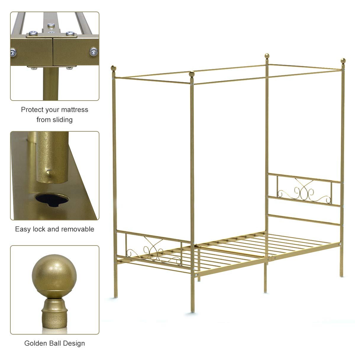 Weehom Twin Canopy Bed Frame with Headboard and Footboard - 4 Poster Metal Bed Frame for Kids & Adults - No Box Spring Needed - Gold Mattress Foundation Platform Bed - Perfect for Bedrooms, Guest Rooms & Kids' Rooms