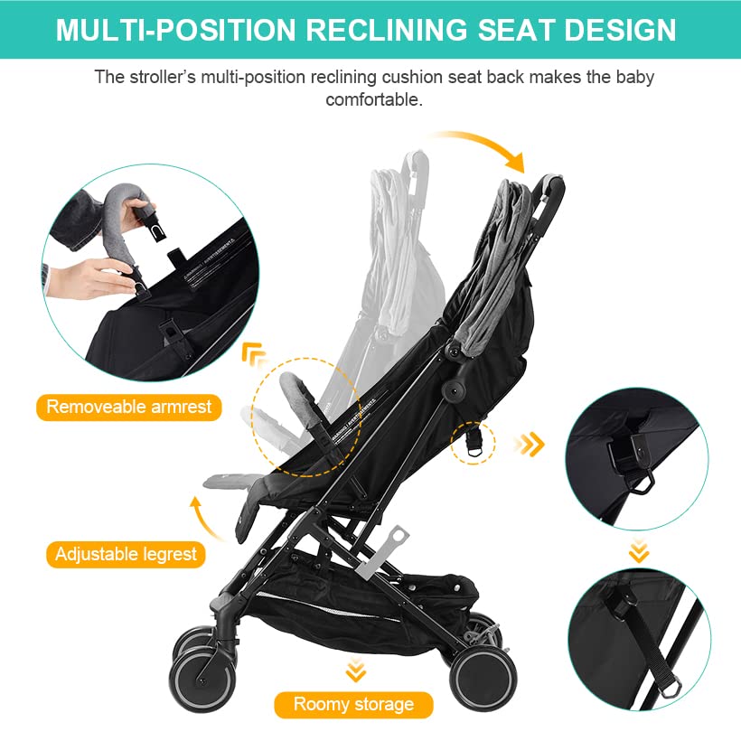 Lightweight Foldable Baby Stroller with Pop-Out Sun Visor | Compact Travel Stroller for Infants & Toddlers | Perfect for Airports, Shopping & Outdoor Walks - LIVINGbasics (Grey)