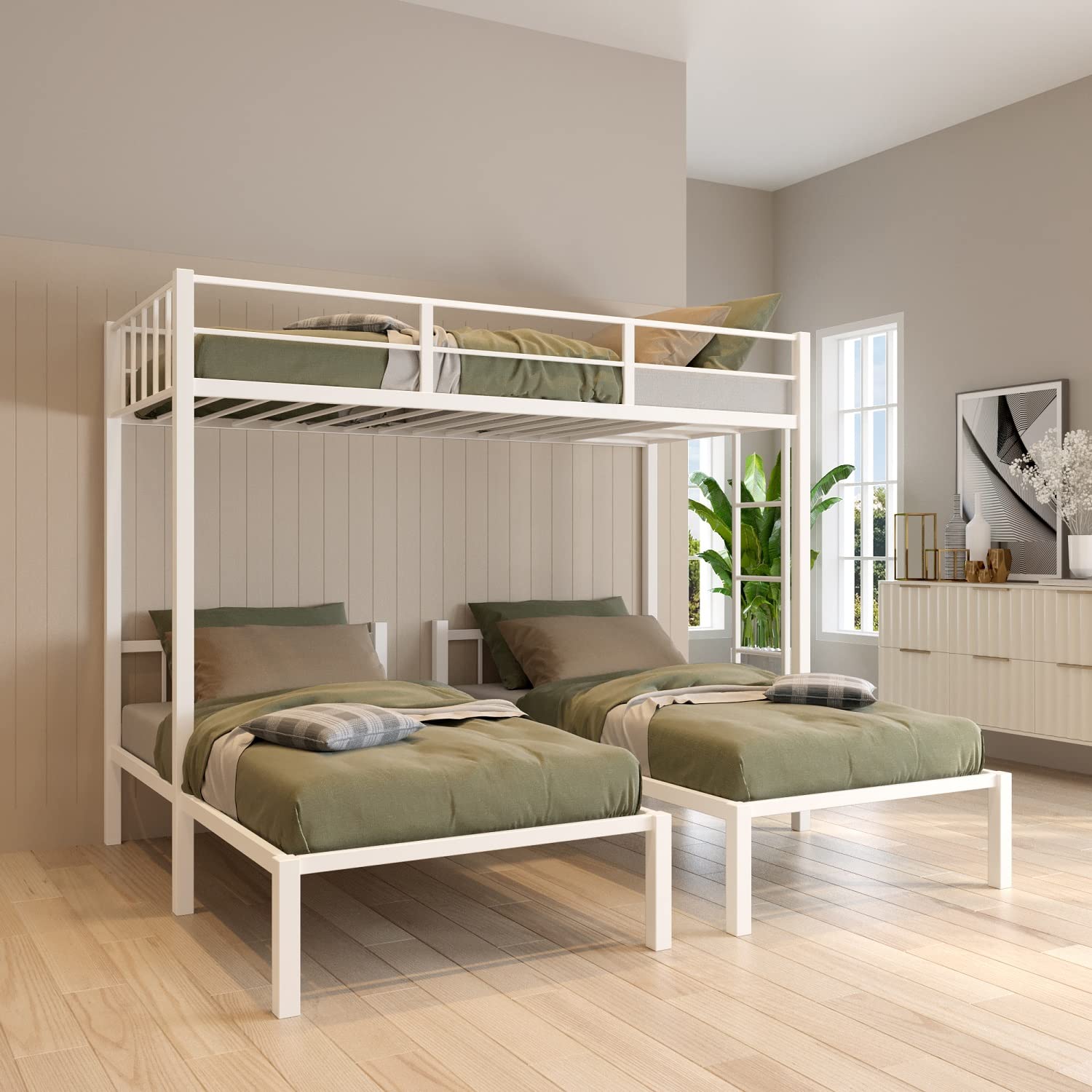 HICOMILA Triple Twin Bunk Bed - Convertible to 3 Separate Twin Beds for Kids & Teens, No Box Spring Needed, White Finish | Perfect for Shared Kids' Rooms, Sleepovers & Space-Saving Bedroom Solutions