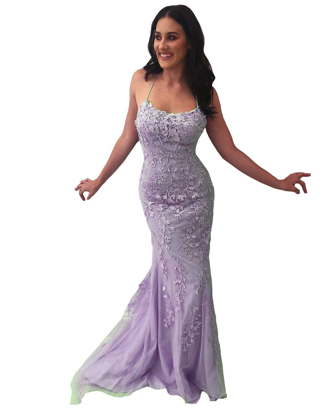 Emmani Women's Spaghetti Strap Bridesmaid Dress - Mermaid Lace Applique Prom Gown in Lilac - Perfect for Weddings, Formal Events & Evening Parties