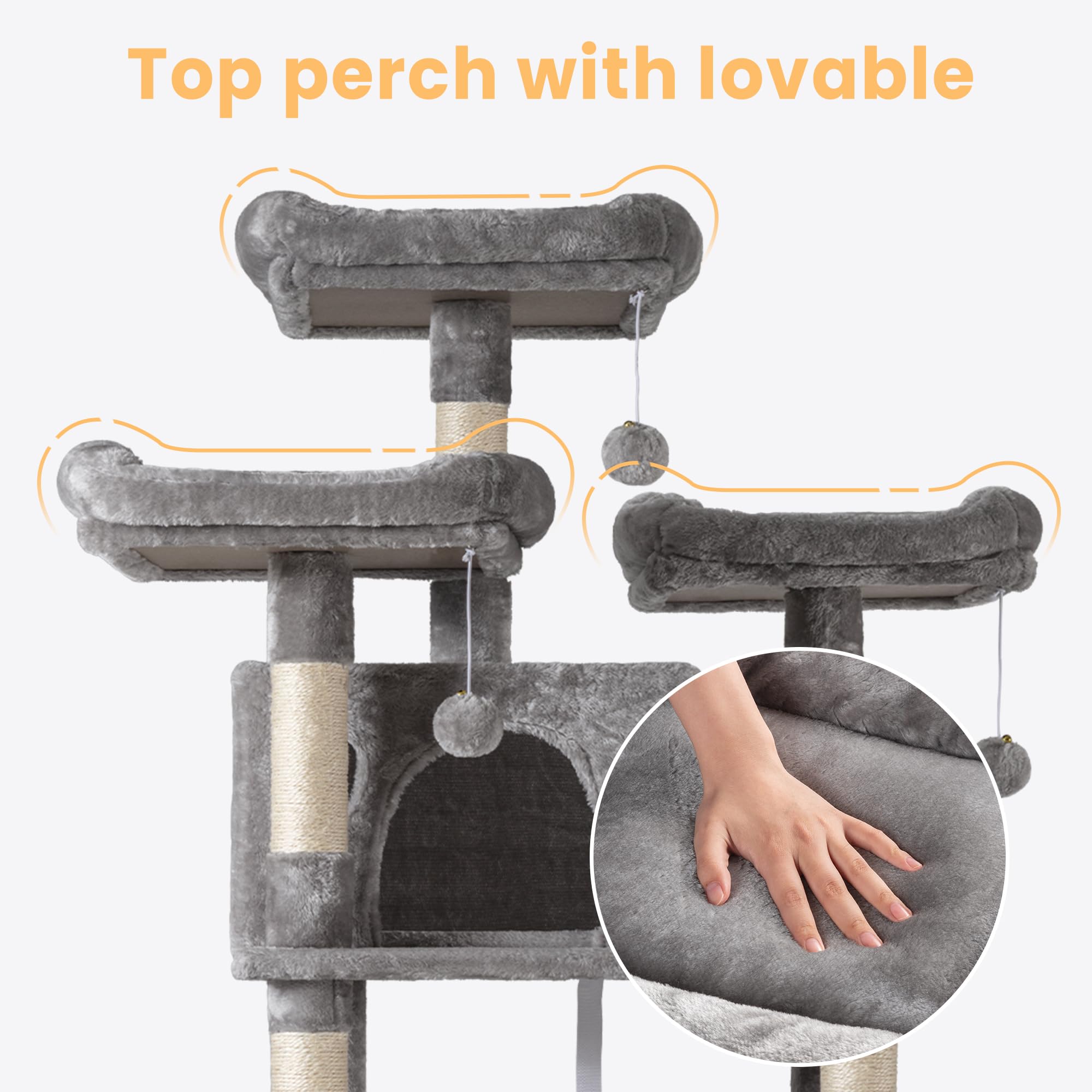 SHA CERLIN 68 Inches Multi-Level Large Cat Tree for Big Cats - Sturdy Cat Tower with Condo, Plush Perches, Sisal Scratching Posts & Hammocks - Grey - Perfect for Indoor Play, Climbing & Scratching Needs