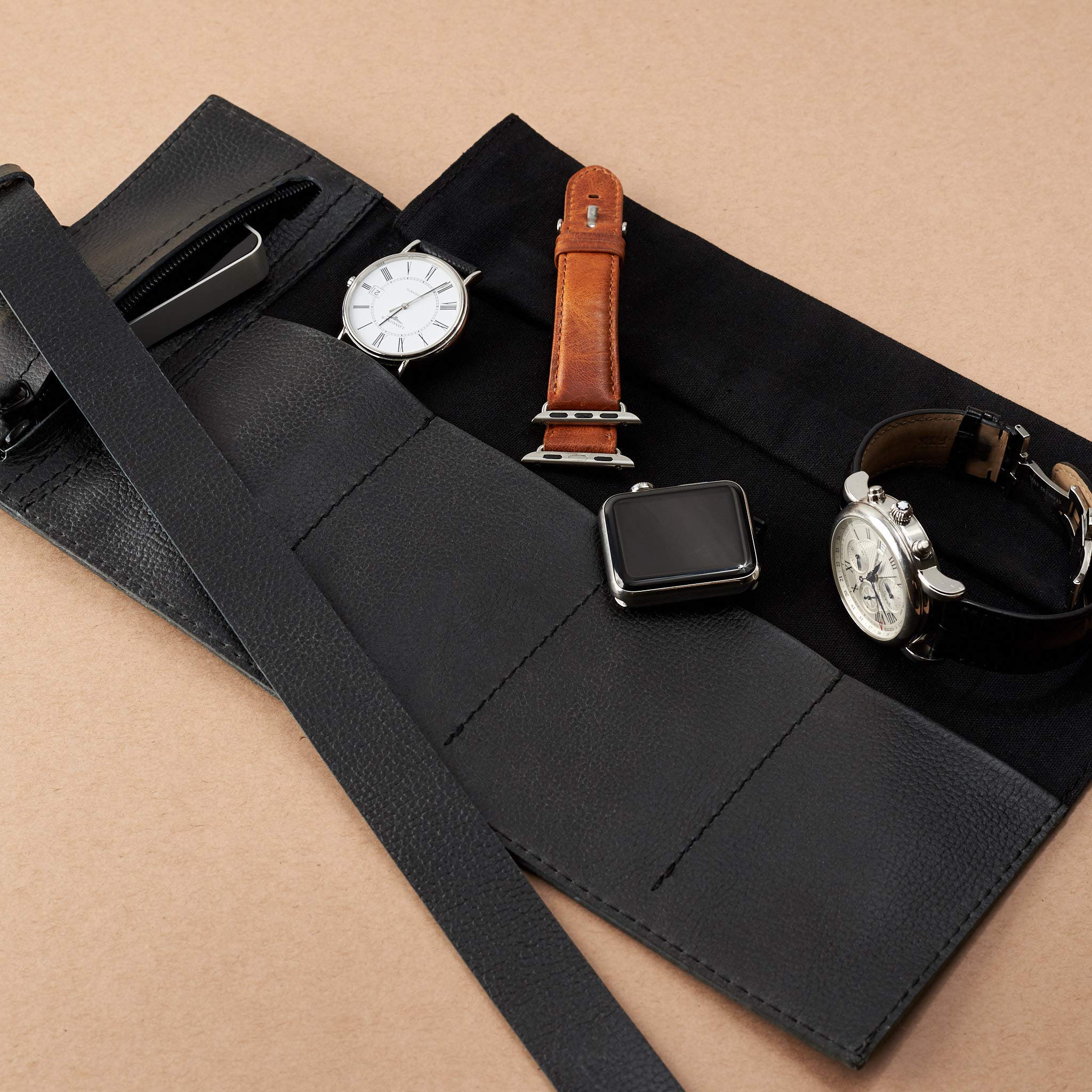 Premium Leather Watch Roll for Men - Black 3-Watch Travel Storage Pouch & Organizer Case | Fits Rolex, Apple Watch Bands & Luxury Watches | Perfect Gift for Him, Business Travel & Watch Collectors
