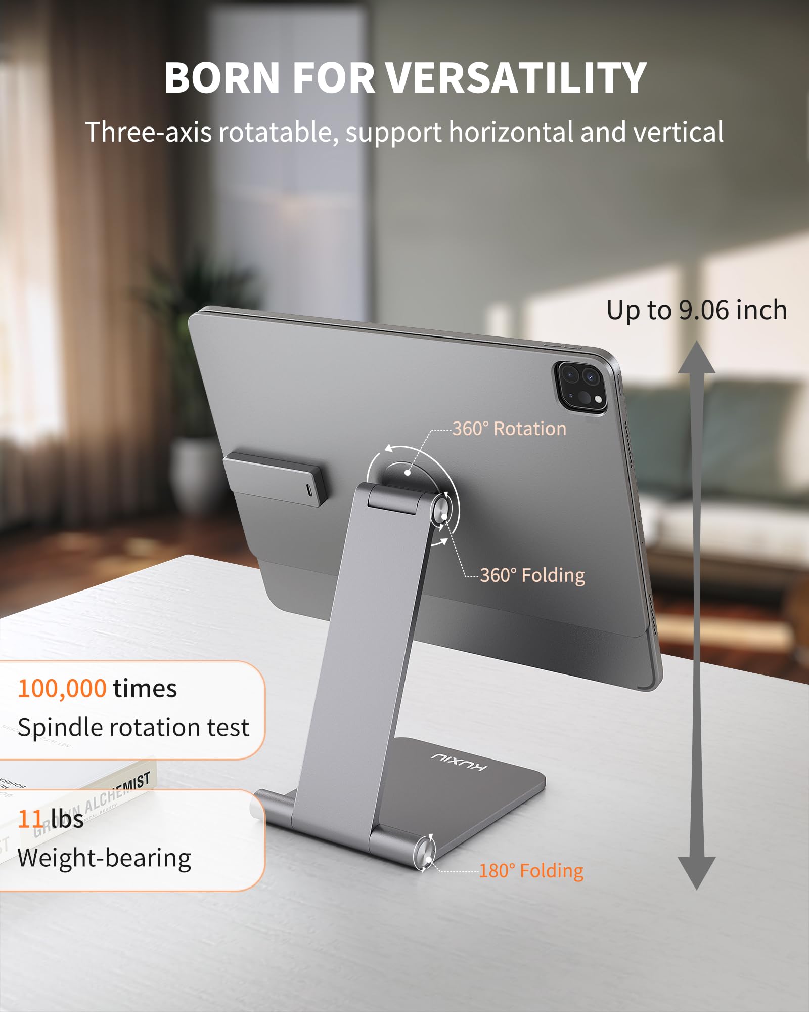 Magnetic Wireless Charging Stand for iPad Pro 11/Air 11 M2 - Foldable Aluminum Alloy Tablet Holder with 1M USB C Cable, 360° Adjustable Desk Stand for iPad Air 11 M2, iPad Pro 11 (1st/2nd/3rd/4th Gen), iPad Air 4/5 - Perfect for Home Office, Bedside & Travel Use