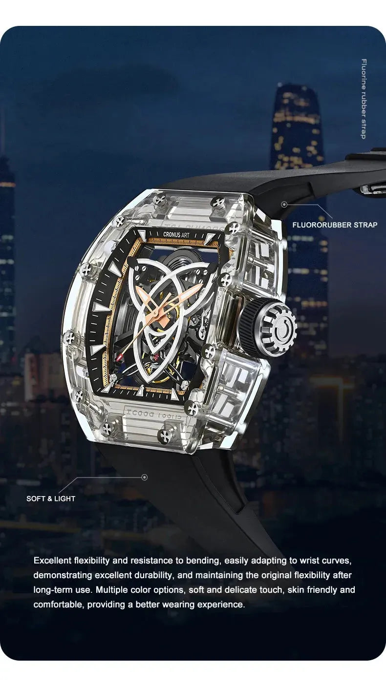 CRONUSART Men's Automatic Skeleton Watch - 50x42mm Tonneau Mechanical Wristwatch with Luminous Dial, Acrylic Case & Fluororubber Strap - Perfect for Business, Casual Wear & Special Occasions