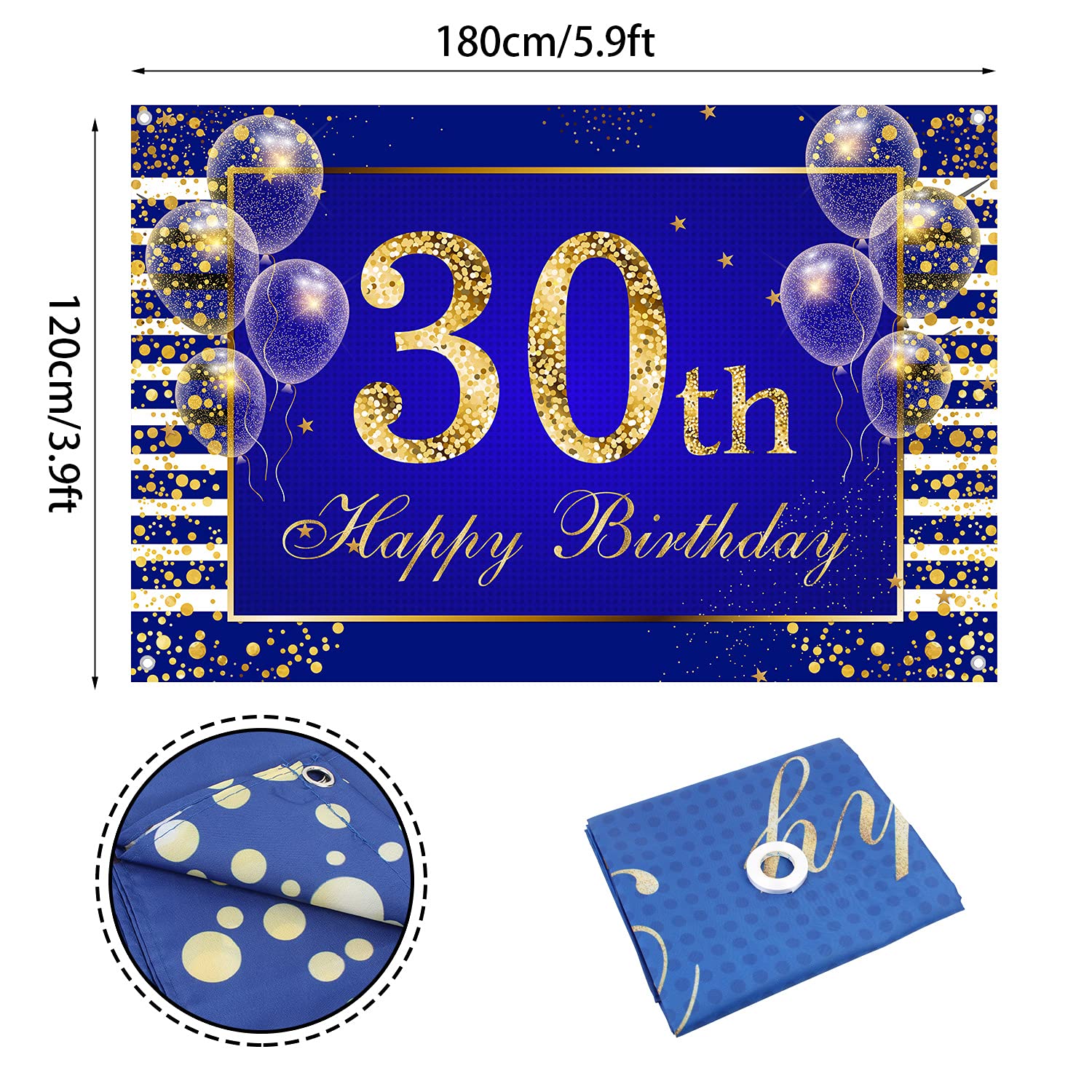 30th Birthday Banner Backdrop Navy Blue & Gold - Selfie Photo Booth Props Frame Background for 30 Years Old Birthday Party Decorations - Women & Men Photography Supplies - Perfect for Birthday Parties, Anniversaries & Celebrations