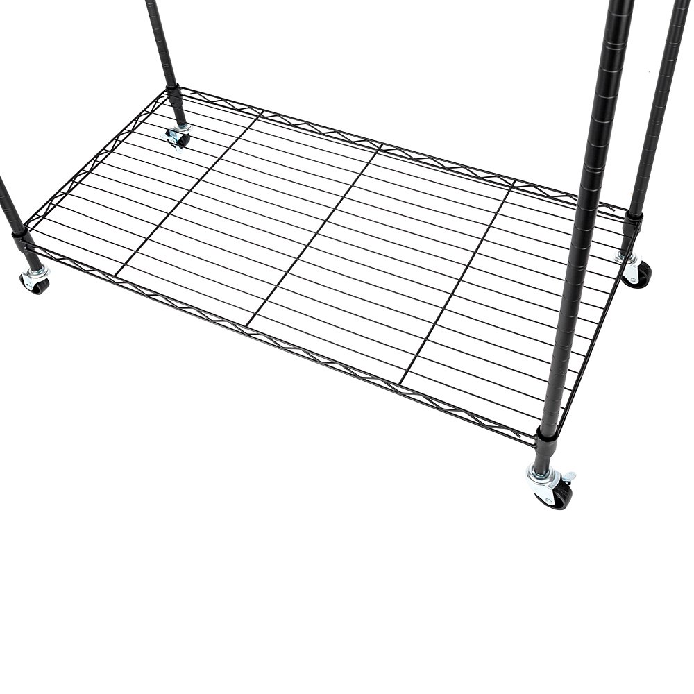 2 Heavy Duty Commercial Grade Rolling Garment Racks with Lockable Wheels, Swivel Hooks & Mesh Shelf - Black | Space-Saving Closet Organizer for Retail Stores, Boutiques & Home Wardrobes