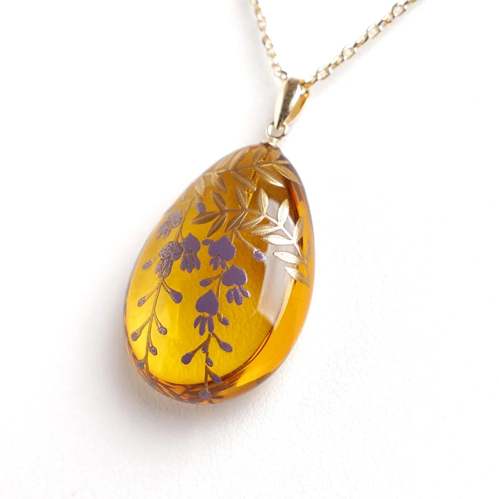 Handcrafted Maki-e Urushi Lacquer Pendant Necklace - Amber & Wisteria Japanese Art Jewelry | Traditional Asian Accessory for Women, Gift for Her, Wedding & Special Occasions
