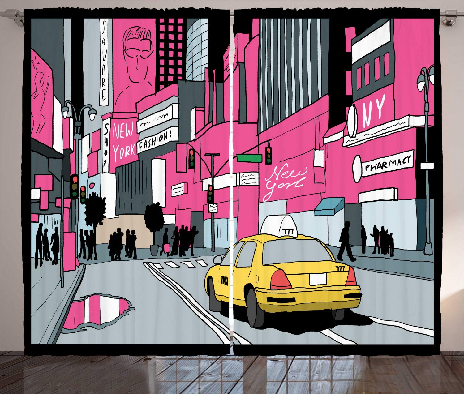 Ambesonne New York City Skyline Curtains - Manhattan View with Taxi Cab at Times Square, Grey Teal Pink Window Drapes for Living Room & Bedroom, 2 Panel Set 108