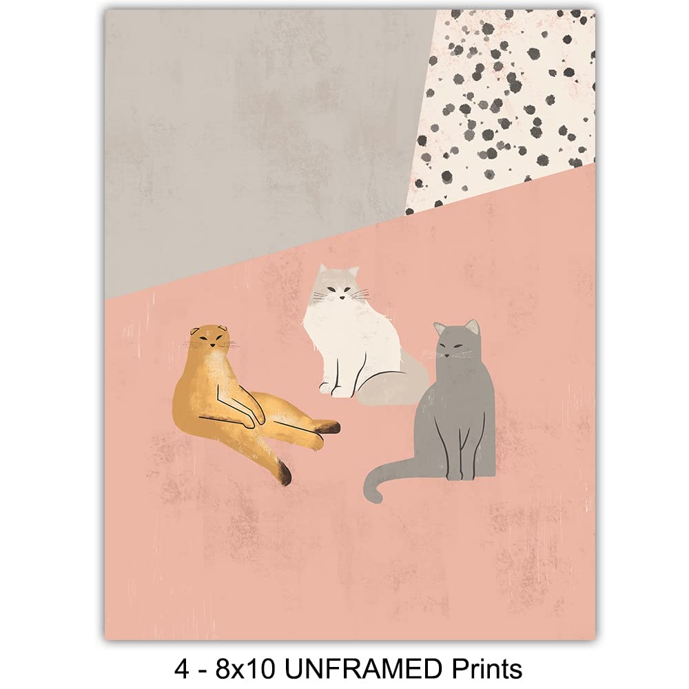 Abstract Minimalist Cat Wall Art - Mid Century Modern Cat Lover Gift for Women - Aesthetic Cat Posters - Cute Home Decor - Wall Collage Kit - Boho Bohemian Style - Geometric Line Art - Perfect for Living Room, Bedroom & Office Decor
