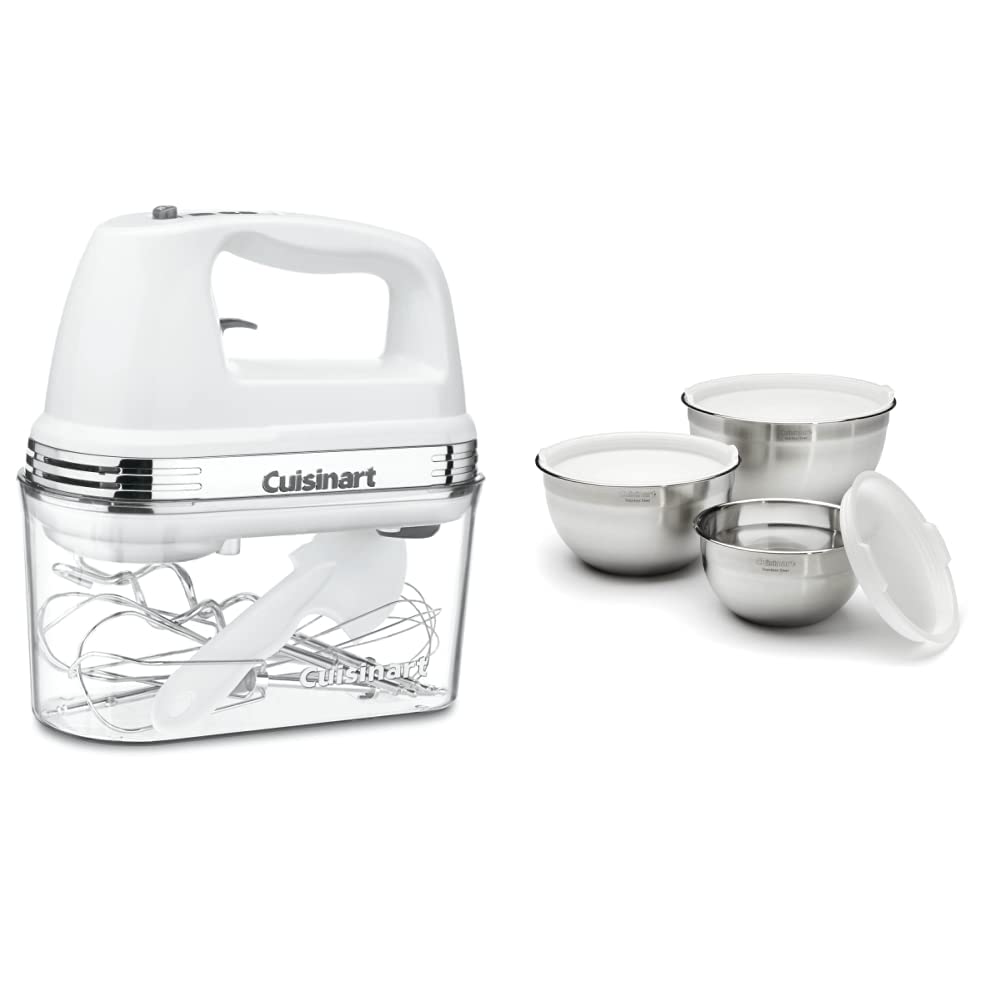 Cuisinart HM-90S 9-Speed Hand Mixer with Storage Case & 3-Piece Stainless Steel Mixing Bowls Set - Perfect for Baking, Whipping, and Mixing - White
