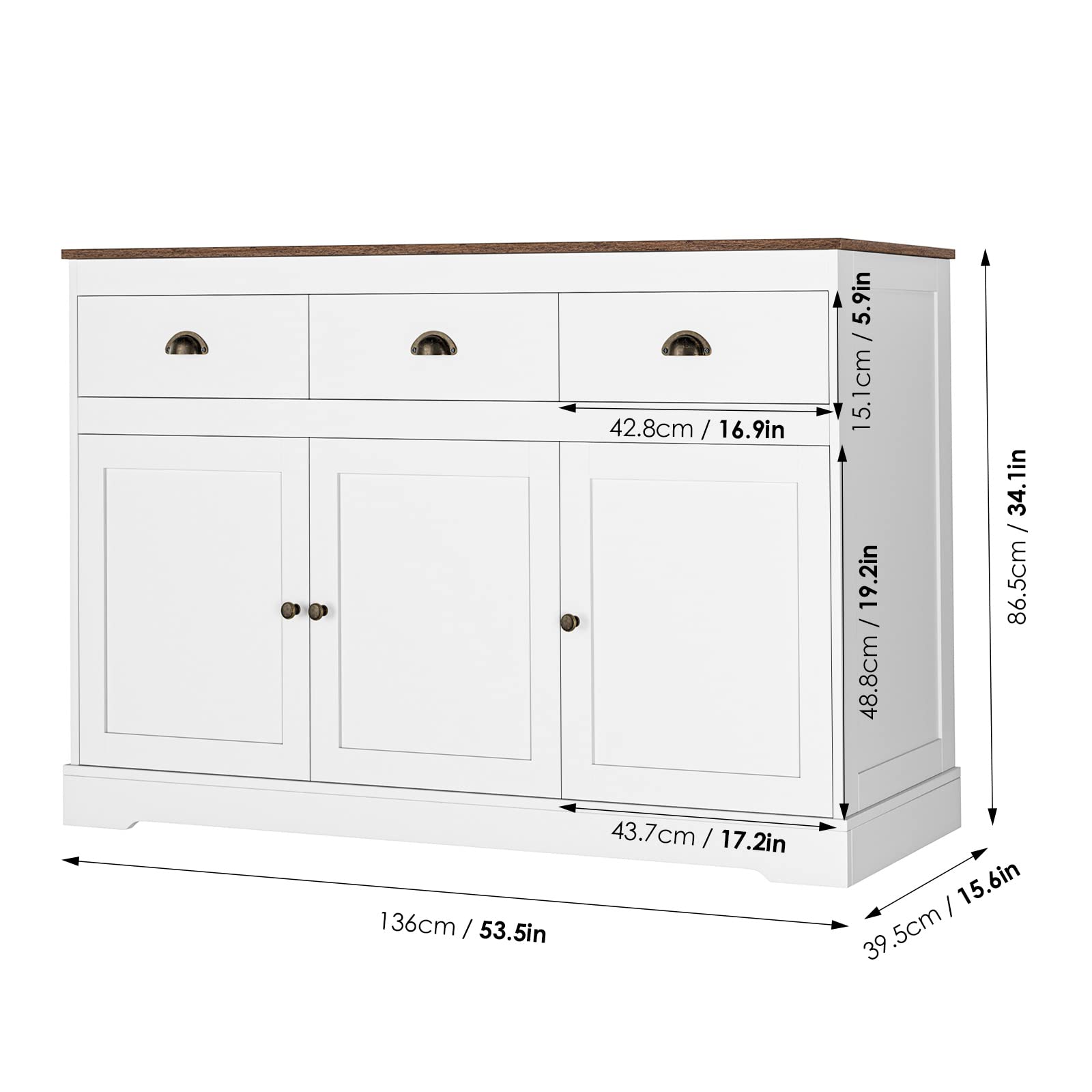 Farmhouse Style White Buffet Cabinet with 3 Drawers & 3 Doors - Adjustable Shelves Storage Sideboard for Dining Room, Living Room & Kitchen - Wine Bar Cabinet, Server Console & Cupboard Organizer - Perfect for Entertaining, Storage & Home Decor