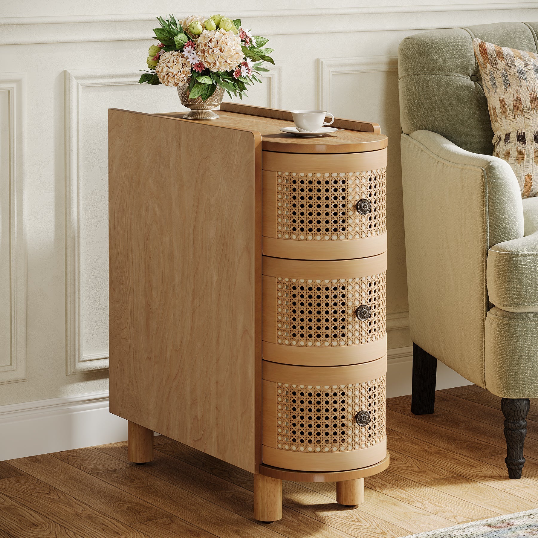 Modern Wooden End Table with 3 Rattan Drawers - Nightstand, Side Table for Bedroom, Living Room | Perfect for Small Spaces, Apartment Decor & Storage Solutions