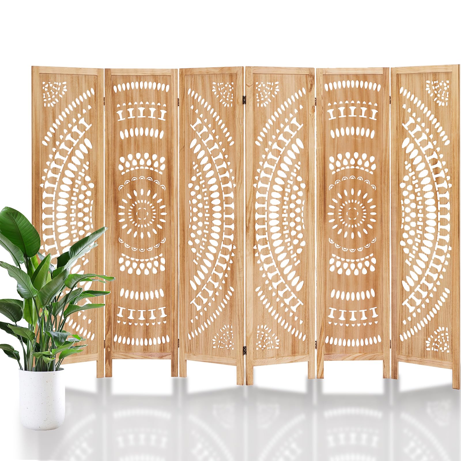 5.6 FT Wooden Room Divider Screen - 6 Panel Folding Partition Wall with Carved Design for Home, Bedroom & Office | Portable Space Separator for Privacy, Decoration & Room Organization (Natural Finish)
