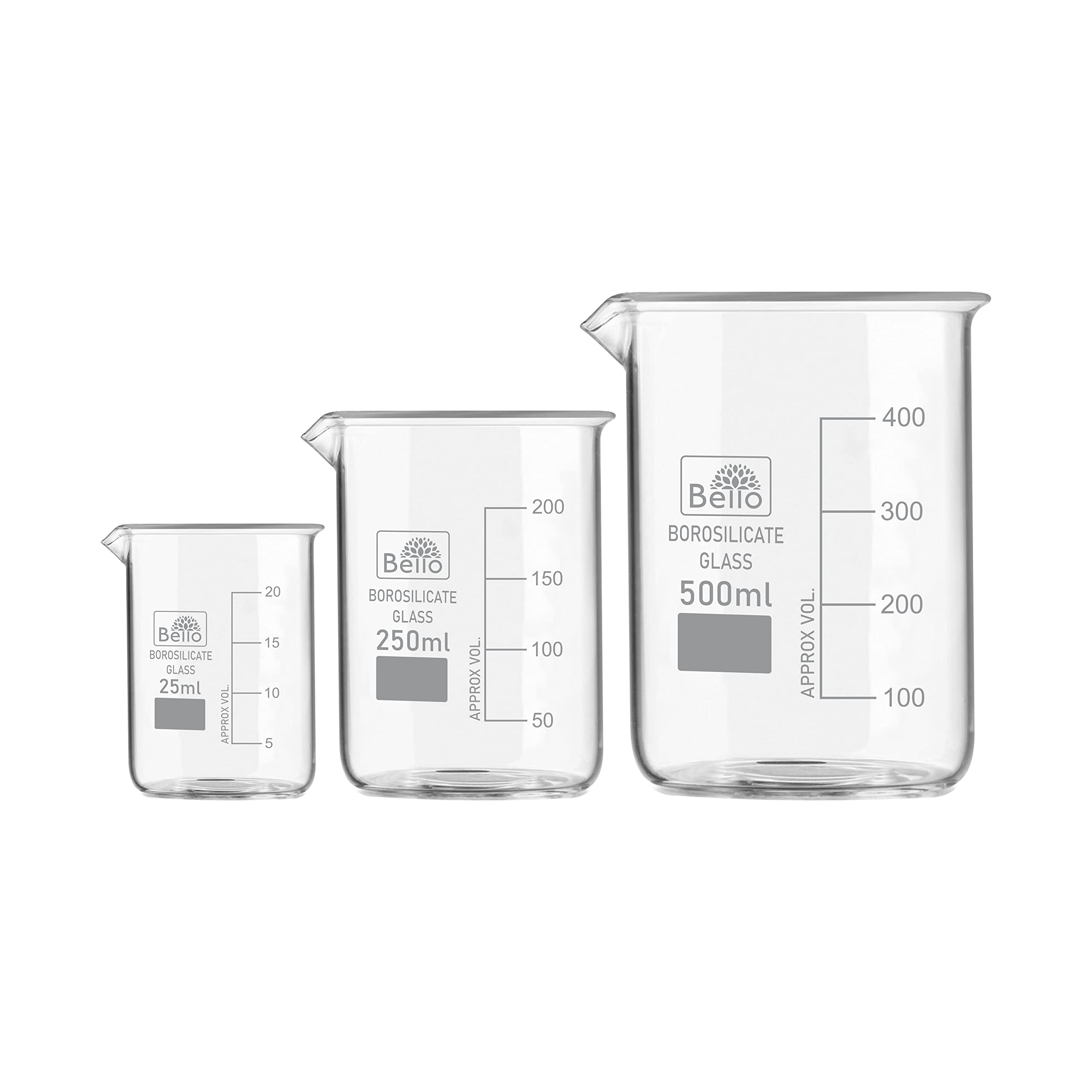 Borosilicate 3.3 Glass Beaker Set - 25ml, 250ml, 500ml with Graduation Marks - Heat Resistant Lab Glassware for Chemistry Experiments, School & College Laboratories - Perfect for Science Class, Research & DIY Projects