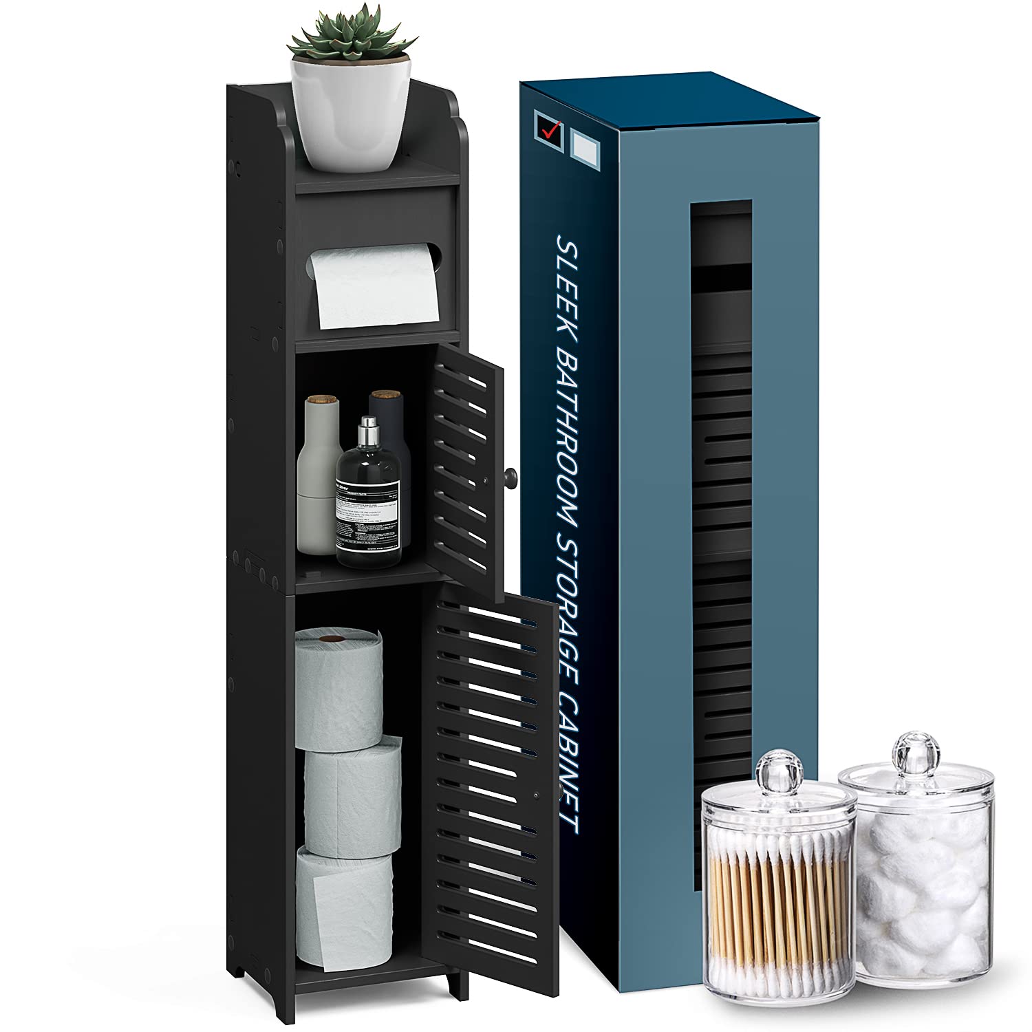 StorageBud Tall Bathroom Storage Organizer Cabinet with Shelves & 2 Apothecary Jars - Floor Standing Organizer for Toilet Paper, Towels & Bath Accessories - Space Saving Bathroom Storage Solution for Small Spaces - Black
