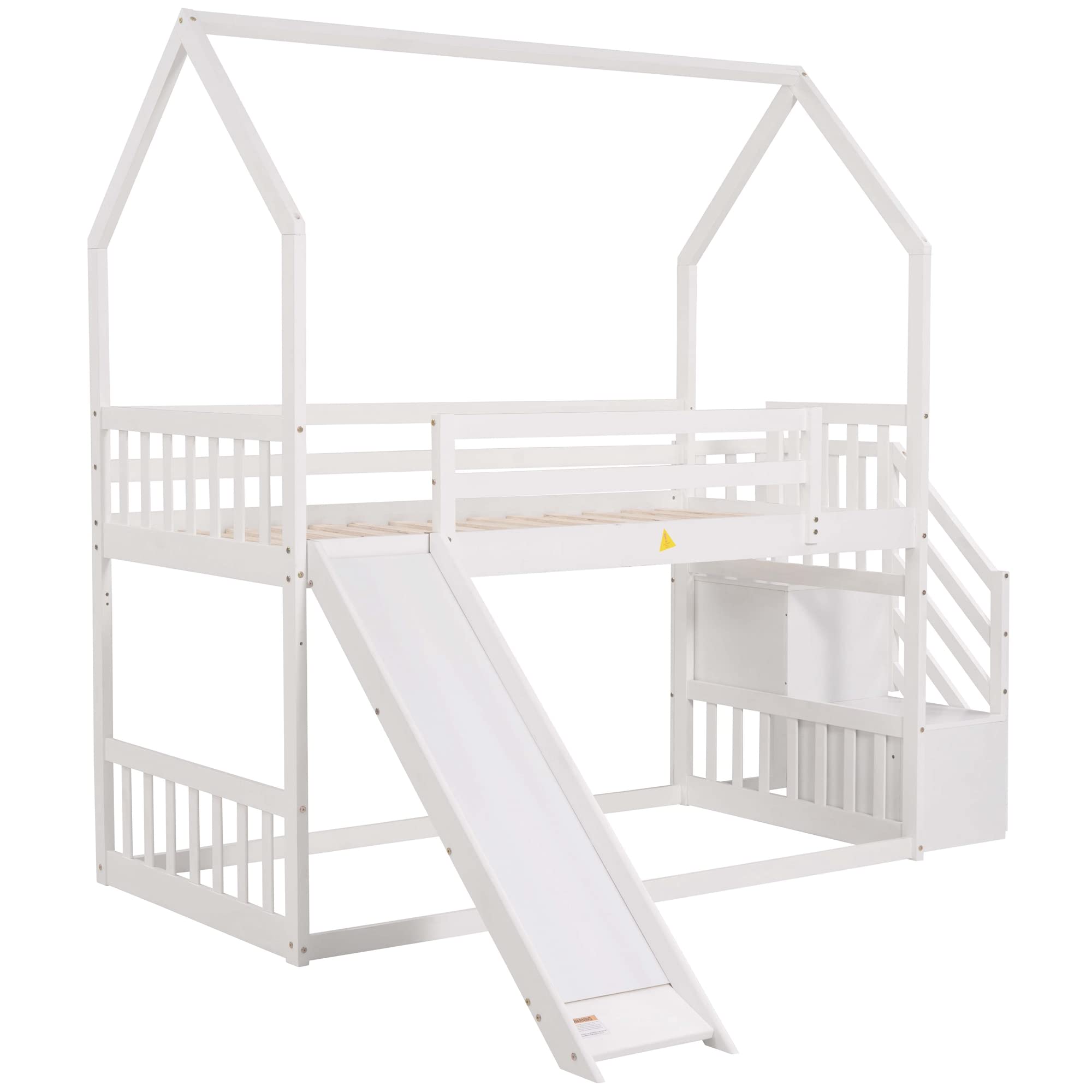 Goohome Twin Over Twin Wooden Bunk Bed with Convertible Slide & Storage Staircase - Low Loft Bed with Roof, Guard Rails & Wooden Frame for Kids, Teens - Perfect for Small Bedrooms, Shared Kids Rooms & Space-Saving Sleep Solutions