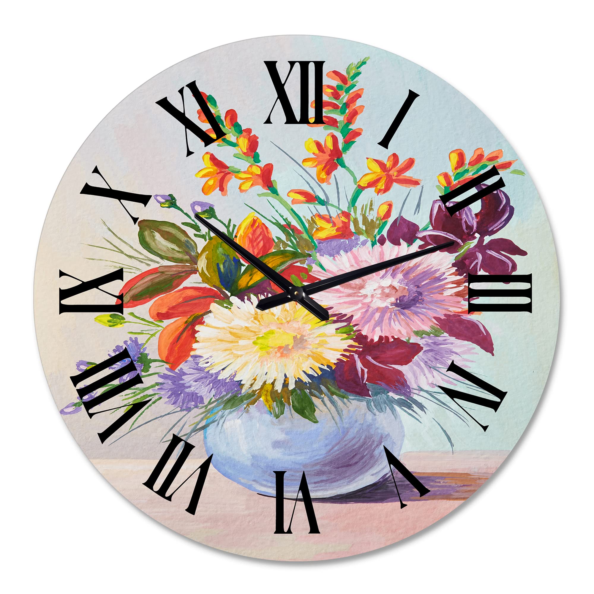 DesignQ Traditional Wall Clock - Still Life with Asters on White Flowers in Vase - Large Floral & Botanical Wall Clock for Kitchen, Living Room, Bedroom Decor - Perfect for Home & Office