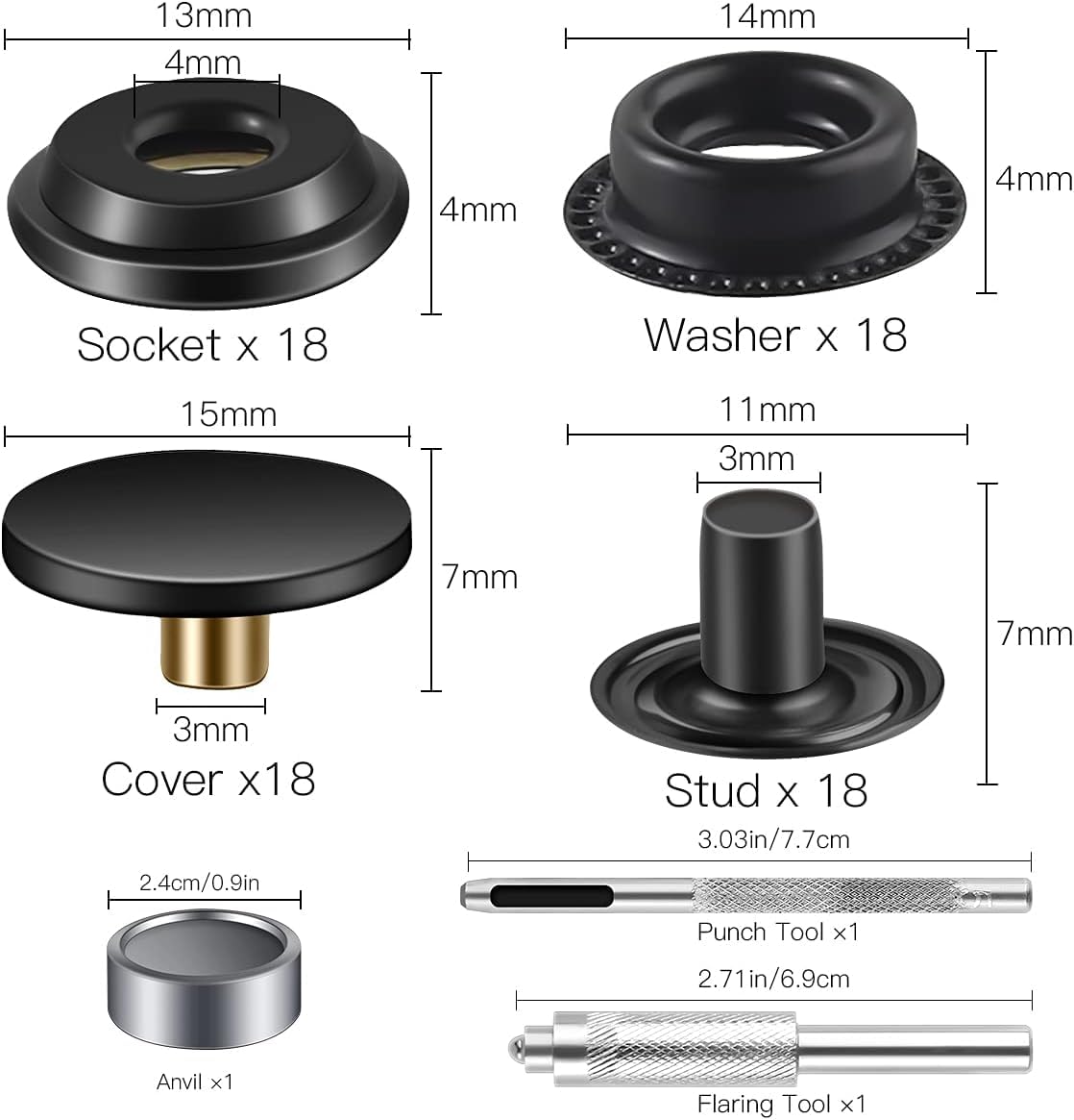 40-Piece (10 Sets) 5/8 Inch (15mm) Stainless Steel Snap Fastener Kit - Snap Buttons for Leather, Bags, Jeans & Fabric - DIY Sewing & Clothing Repair Tool (Black) - Perfect for Jackets, Purses, Denim & Craft Projects