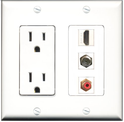 RiteAV 15 Amp Power Outlet with HDMI, RCA Red & Coaxial Ports - Decorative Wall Plate for Home Theater & Audio Video Setup