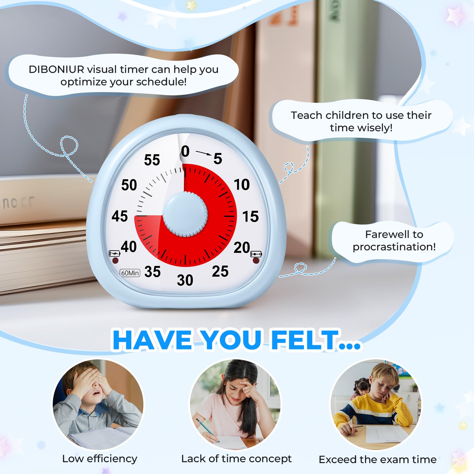 Rechargeable 60-Minute Visual Timer for Kids - Silent Countdown Clock, Time Management Tool for Classroom, Kitchen, Bathroom, Homework & Study (Blue) - Perfect for Focus, Chores & Learning Activities