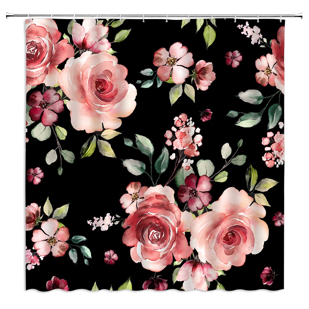 Black Floral Shower Curtain - Watercolor Rose & Peony Design with Green Leaves - Vintage Rustic Bathroom Decor - Romantic Elegant Fabric Set with Hooks (Red) - Perfect for Country Style, Farmhouse & Boho Chic Bathrooms