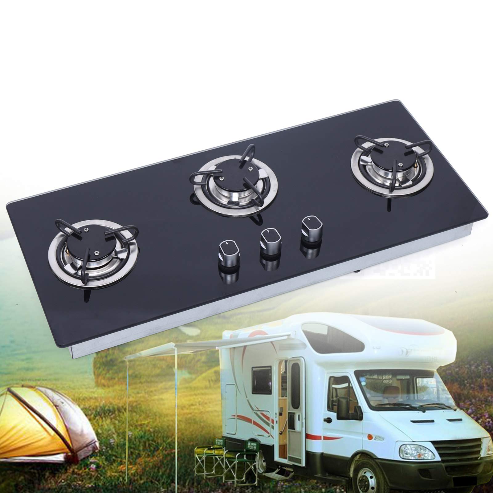 3 Burner LPG Gas Stove Hob - Black Tempered Glass RV Stove with 3D Air Intake Structure & Knob Control for RV, Boat, Caravan, Camper (Square) | Perfect for Outdoor Cooking, Camping Trips & Mobile Living