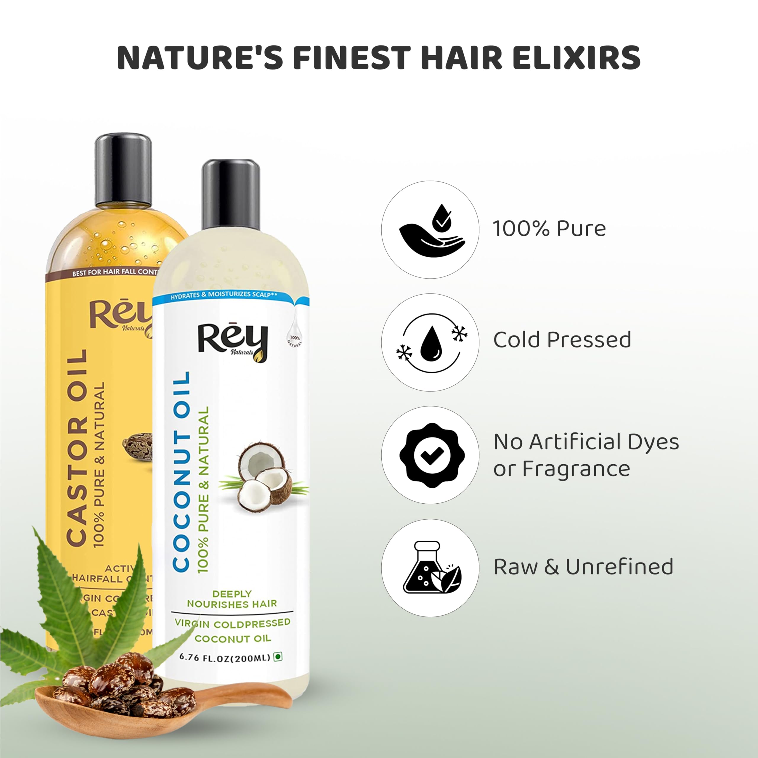 Rey Naturals Virgin Coconut Oil & Castor Oil for Hair Growth - 200ml*2 | Pure Unrefined Cold Pressed Oil for Hair & Skin Care | Controls Dandruff & Hair Fall | Natural Remedy for Stronger Hair & Healthy Scalp | Perfect for Daily Hair Massage & DIY Beauty Treatments