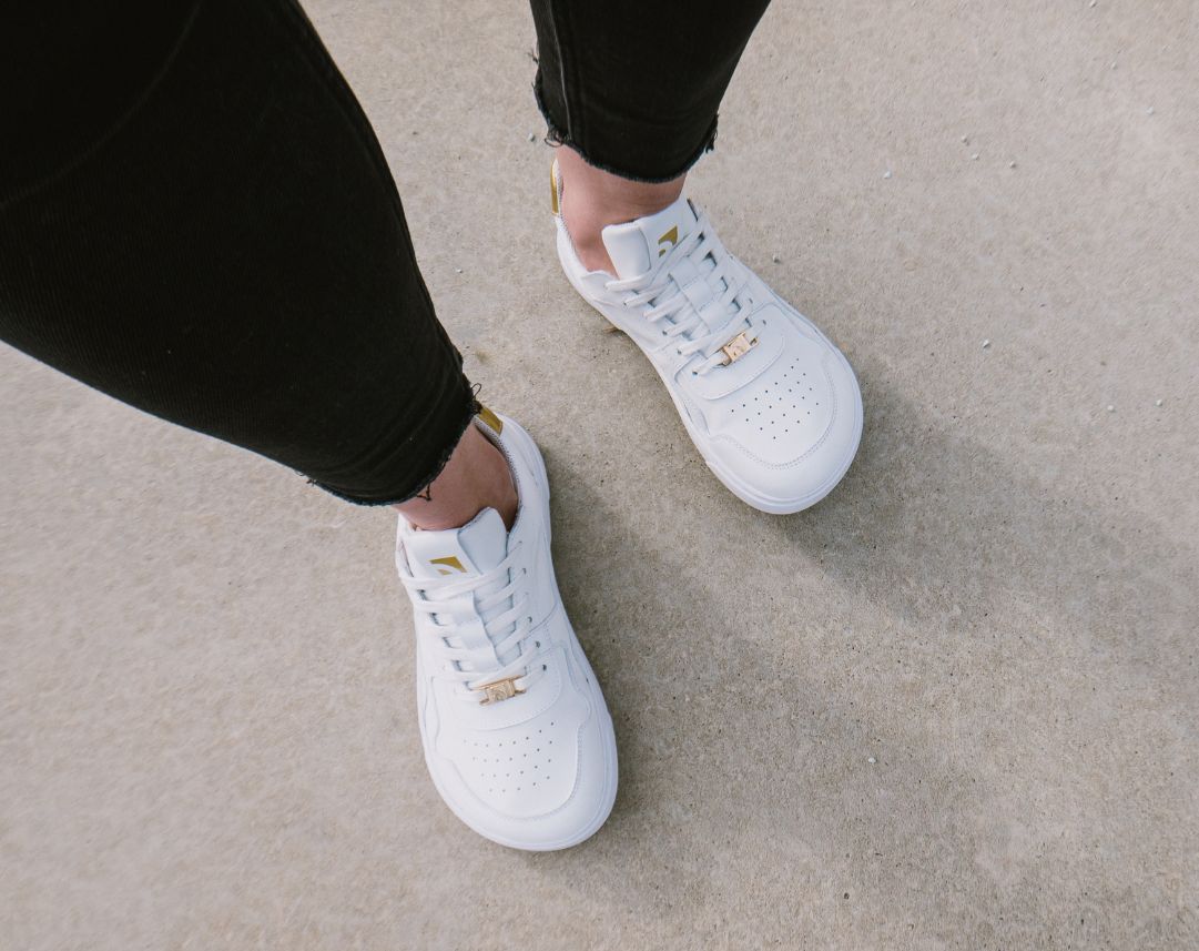 Barefoot Sneakers Barebarics Zing - White & Gold Leather Minimalist Shoes for Women & Men | Lightweight, Flexible & Comfortable for Running, Walking & Everyday Wear