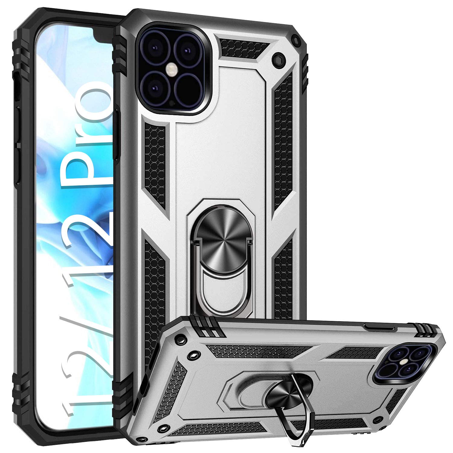 Shockproof Heavy Duty TPU Case for Apple iPhone 12/12 Pro - Slim Fit Protective Cover with Ring Holder & Kickstand | Perfect for Outdoor Activities, Work & Travel (Silver)