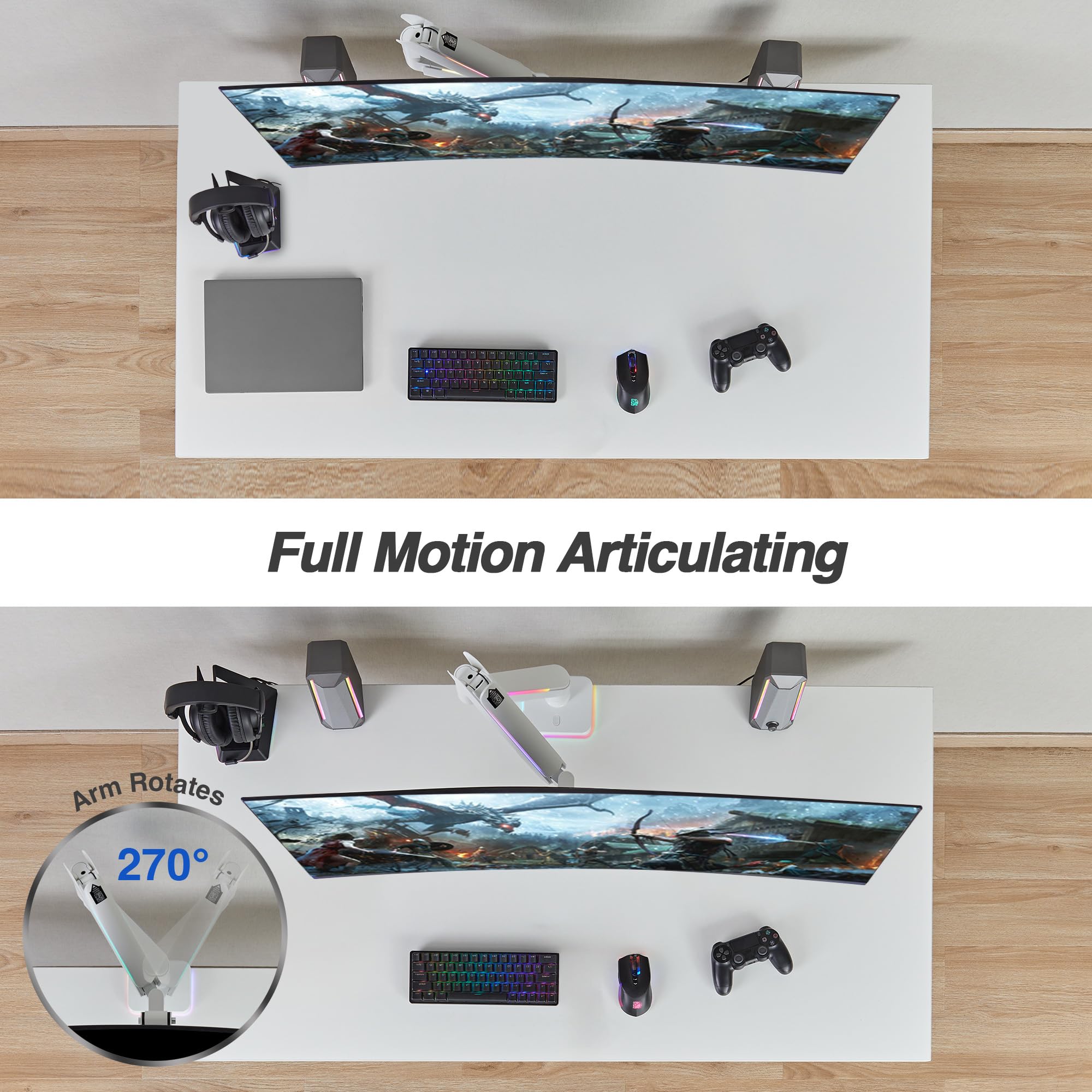 AVLT RGB Gaming Monitor Arm Stand - Adjustable Height, Swivel & Tilt for 17-43 inch Flat/Curved/Ultrawide Screens (Up to 44lbs/20kg) - White | Perfect for Home Office, Streaming Setup & Esports Gaming